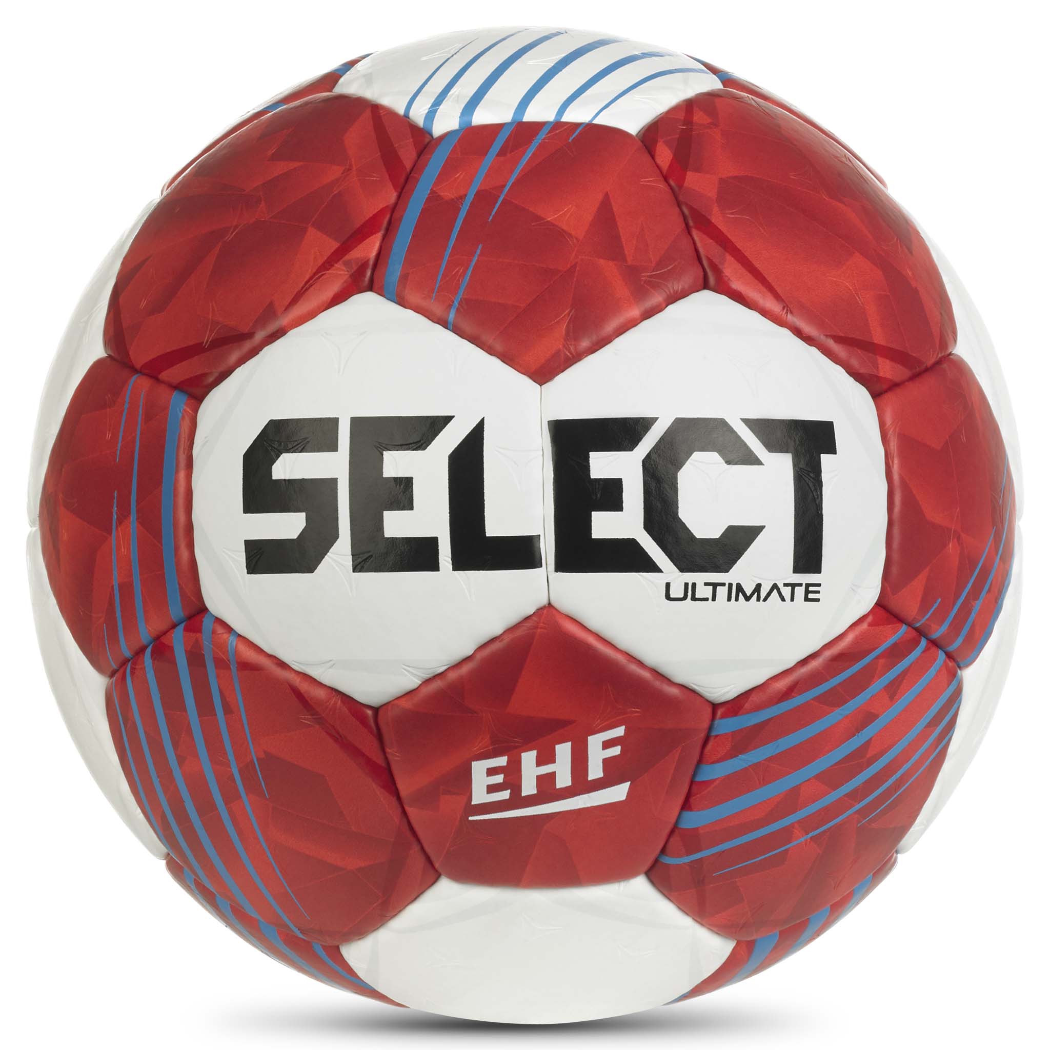 Forside af rød og hvid Ultimate v26 håndbold med blå detaljer og EHF-logo