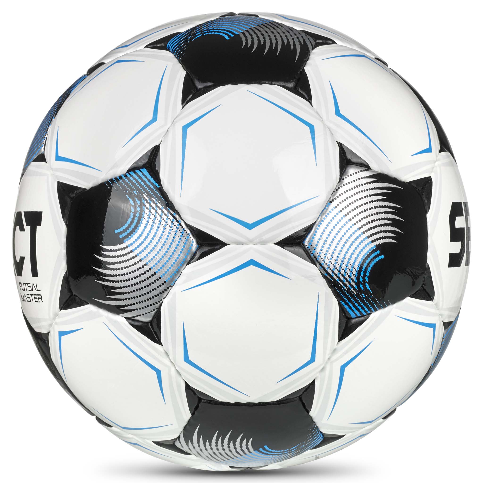 Futsal Master v26 futsalbold i hvid, blå og sort, set fra højre side.