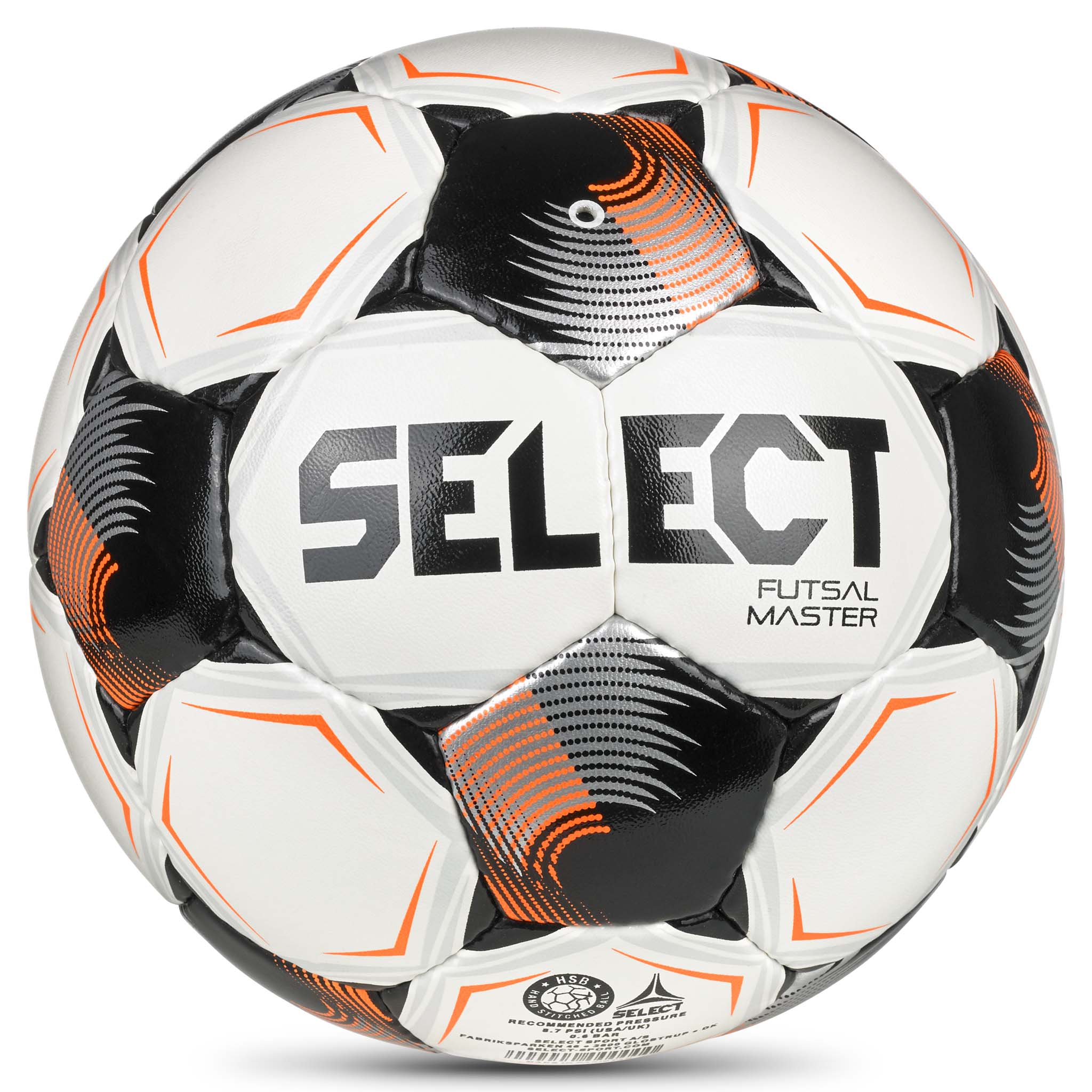 Futsal Master v26 fodbold i hvid, sort og orange, set fra bagsiden