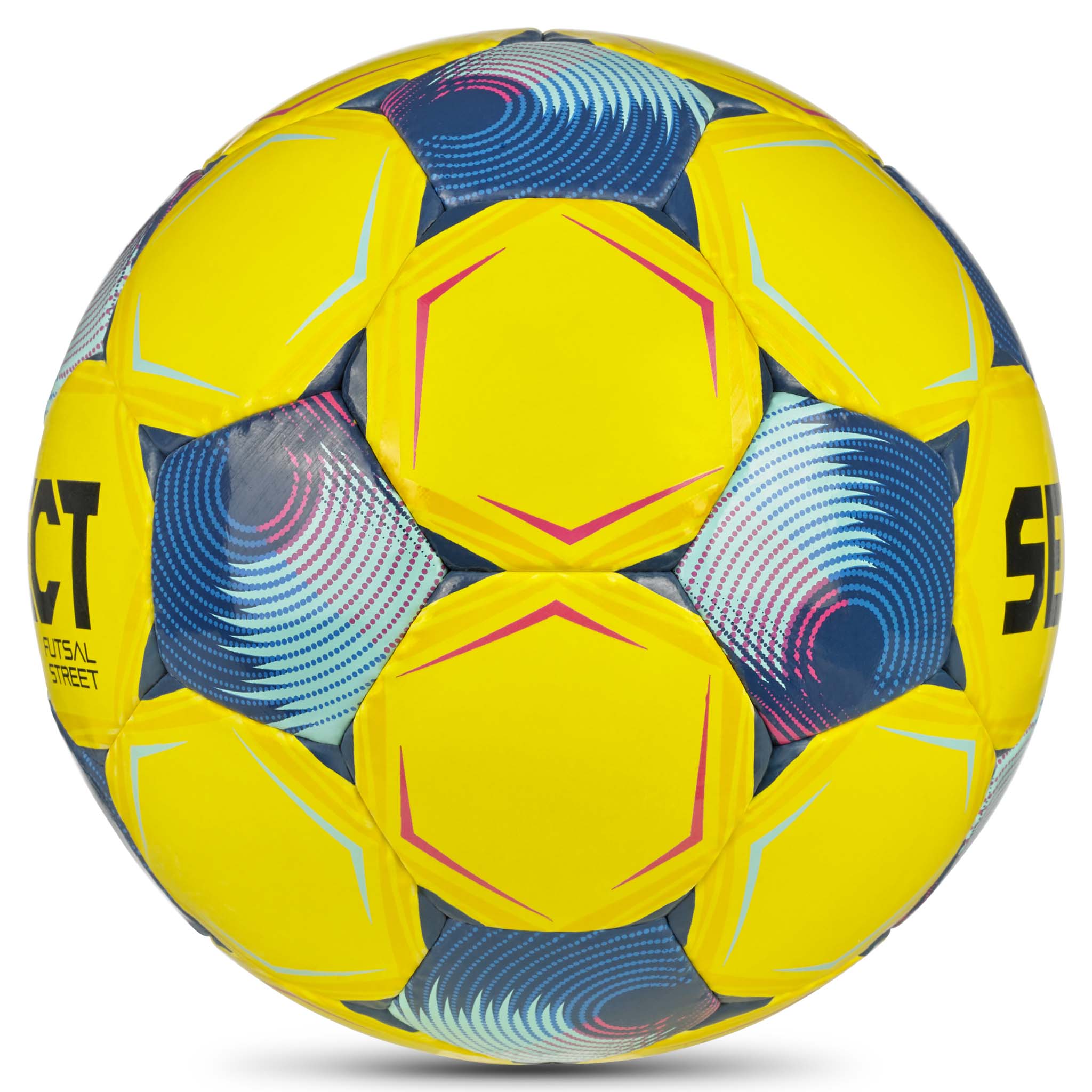 Futsal Street v26 fodbold, set fra højre side. Gul bold med blå og pink detaljer.
