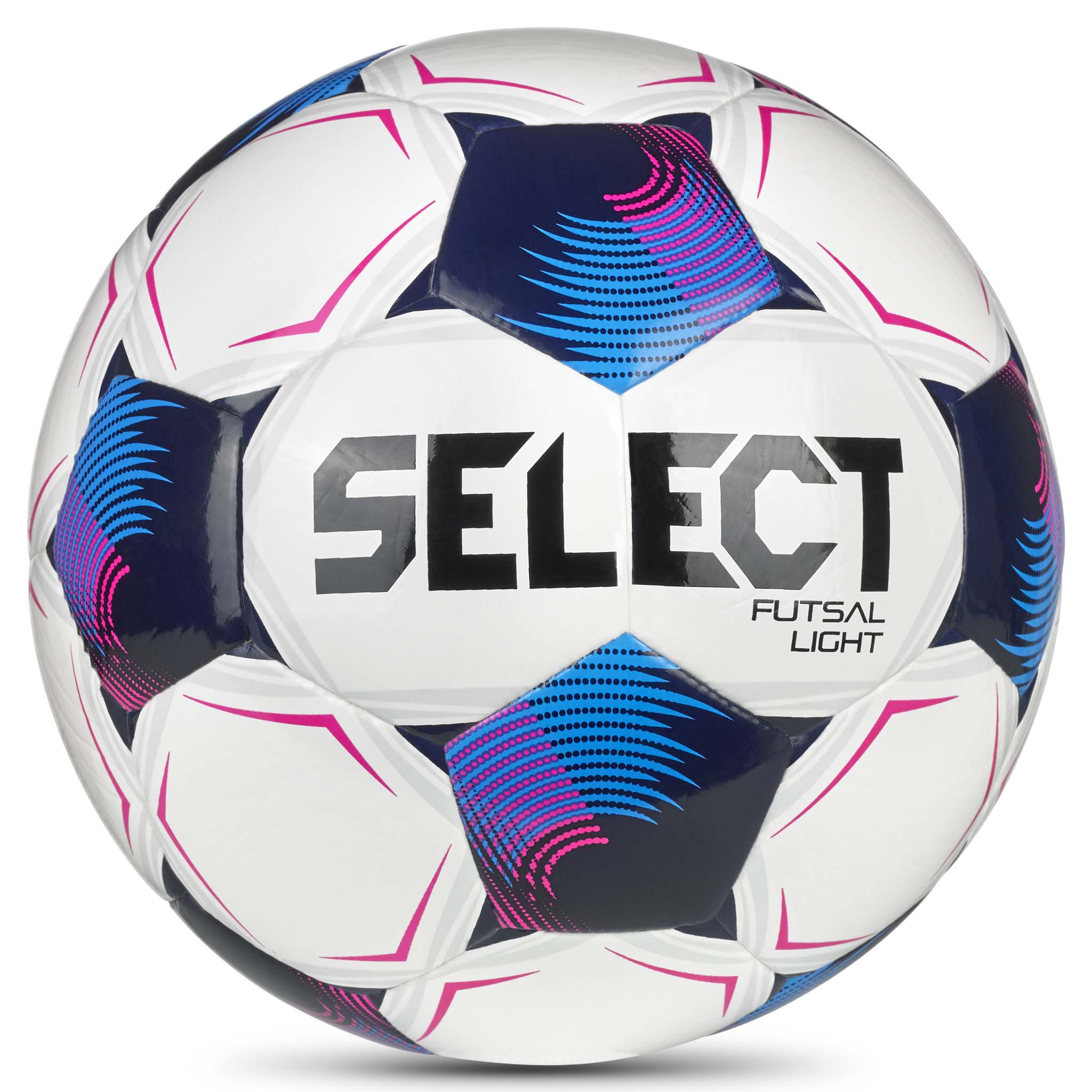 Forside af Futsal Light v26 fodbold, hvid med blå, marineblå og pink detaljer.
