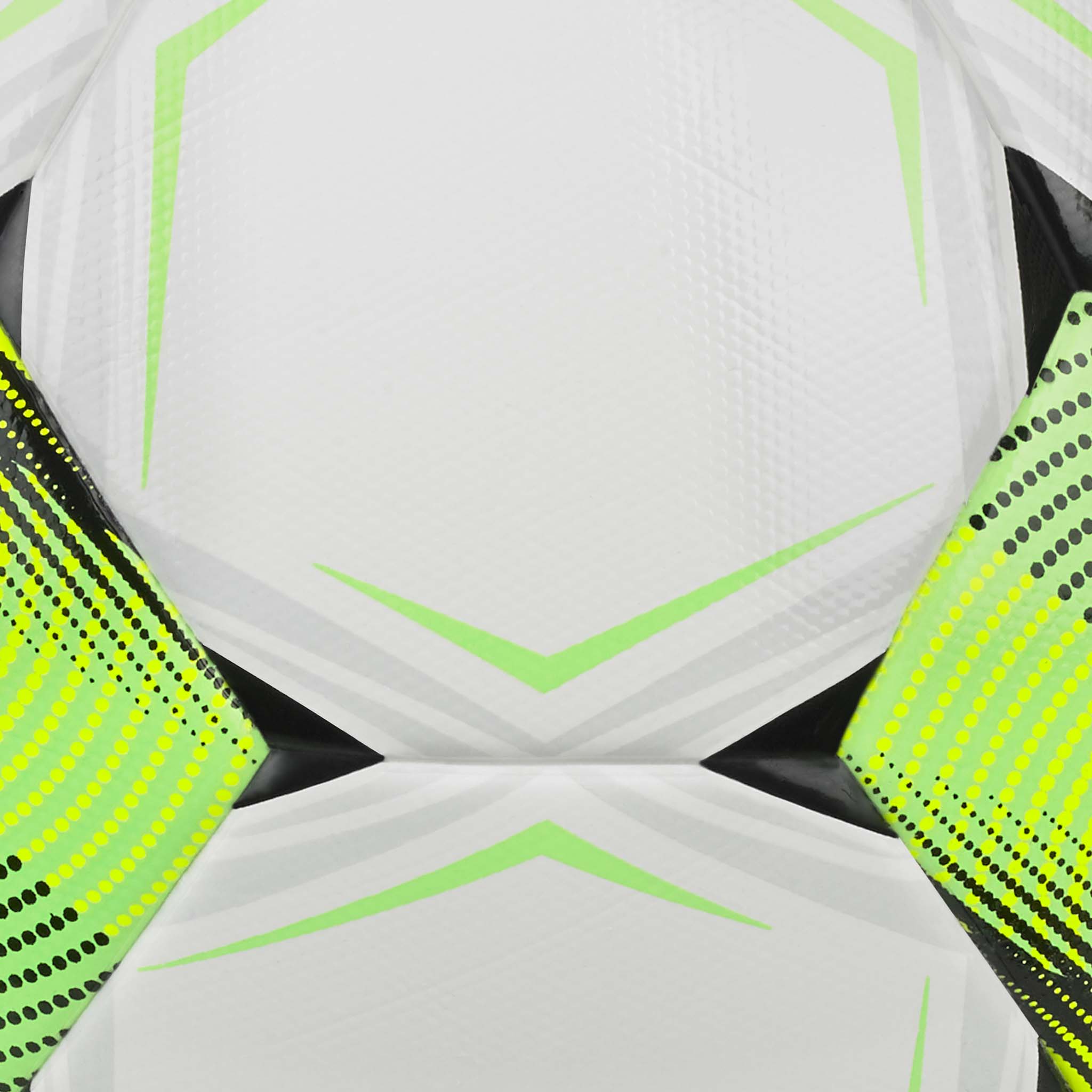 Nærbillede af Futsal Mimas v26 bold med hvide, grønne og sorte teksturerede paneler og pildetaljer.