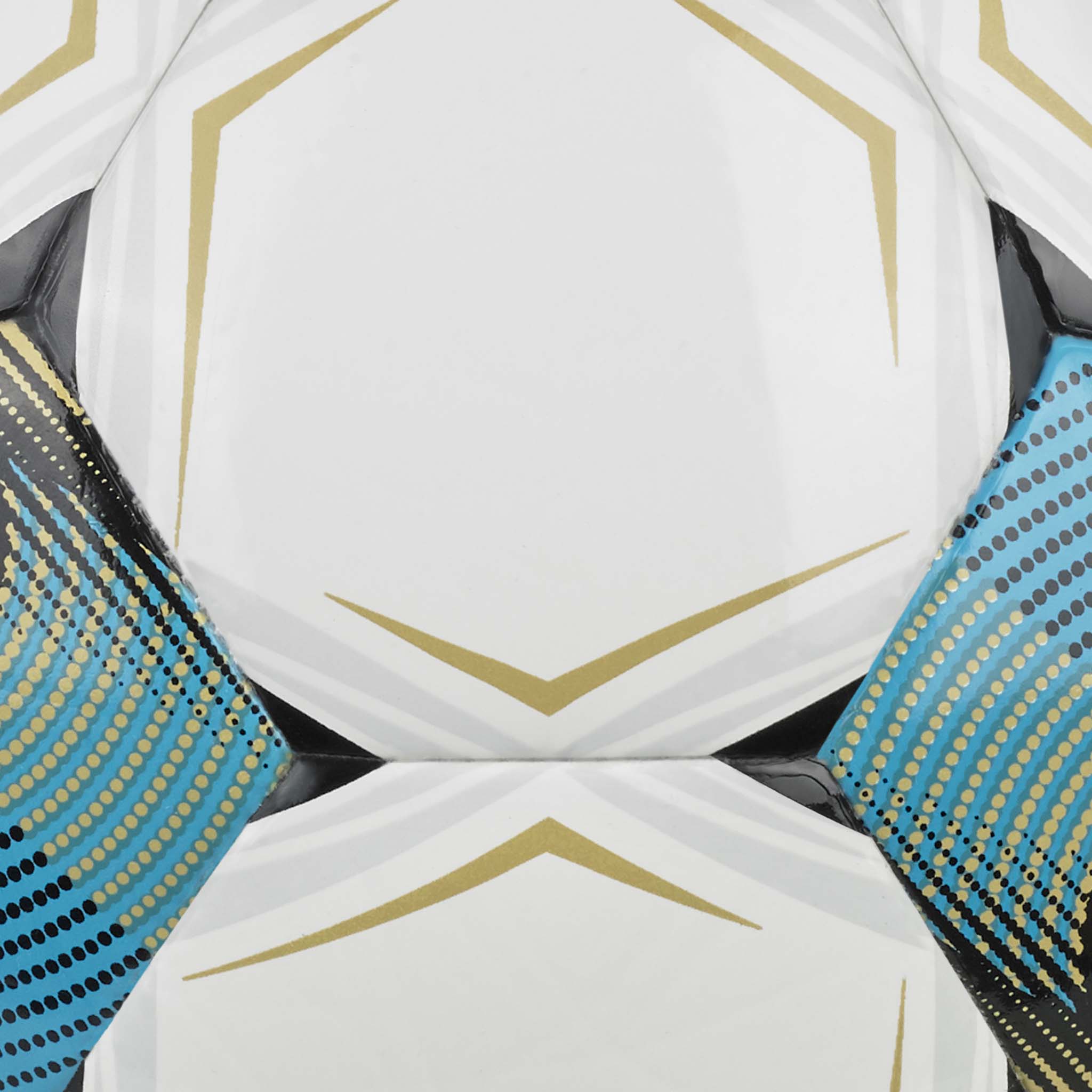 Nærbillede af Futsal Attack v26 fodbold med hvide paneler, guldaccenter og turkise teksturerede detaljer.