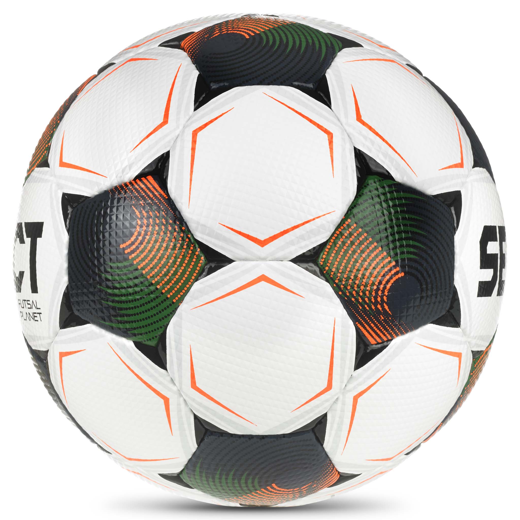 Futsal Planet v26 bold, højre side, hvid med grønt, orange og sort design