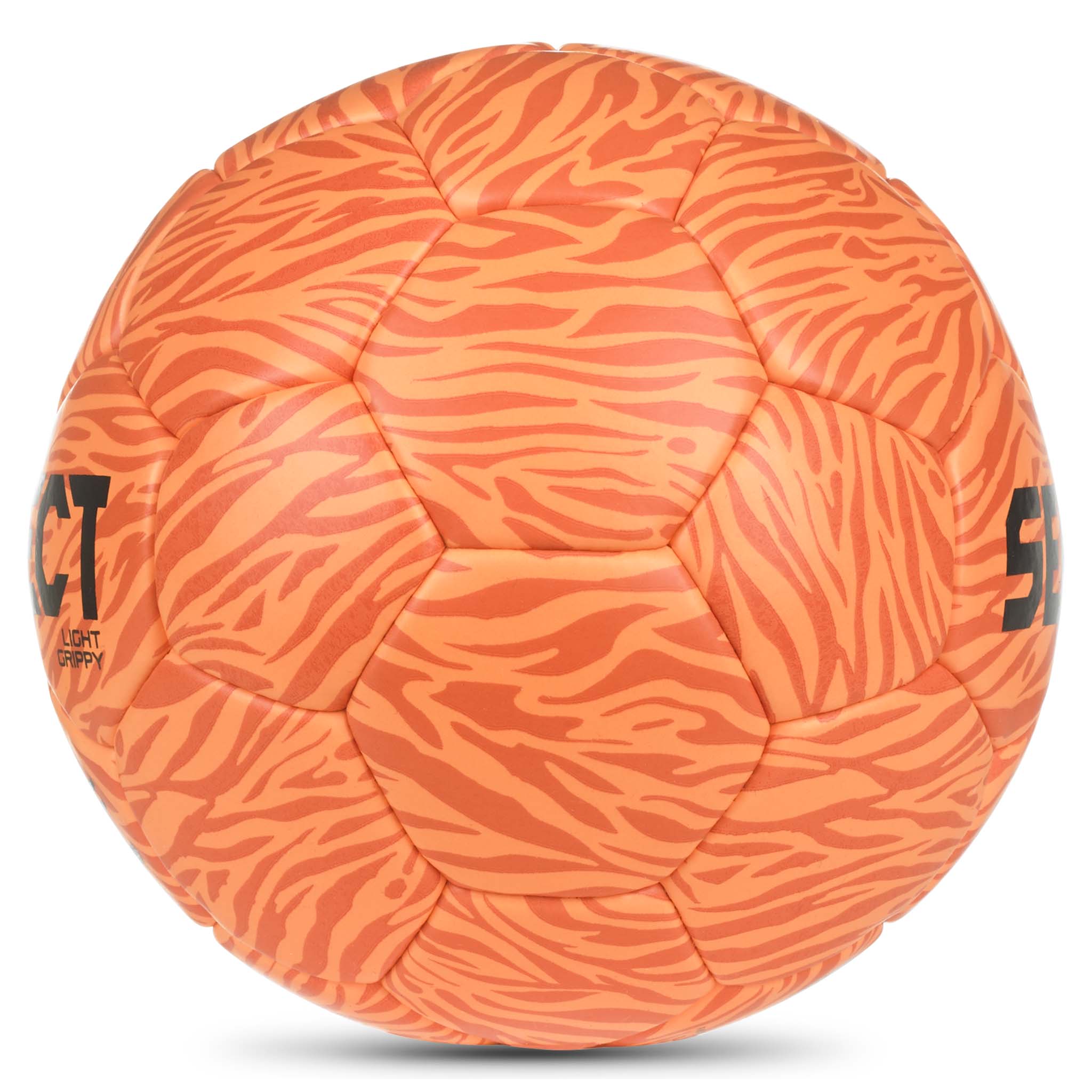 Nærbillede af orange Light Grippy v26 håndbold med zebramønster og struktureret gripoverflade.