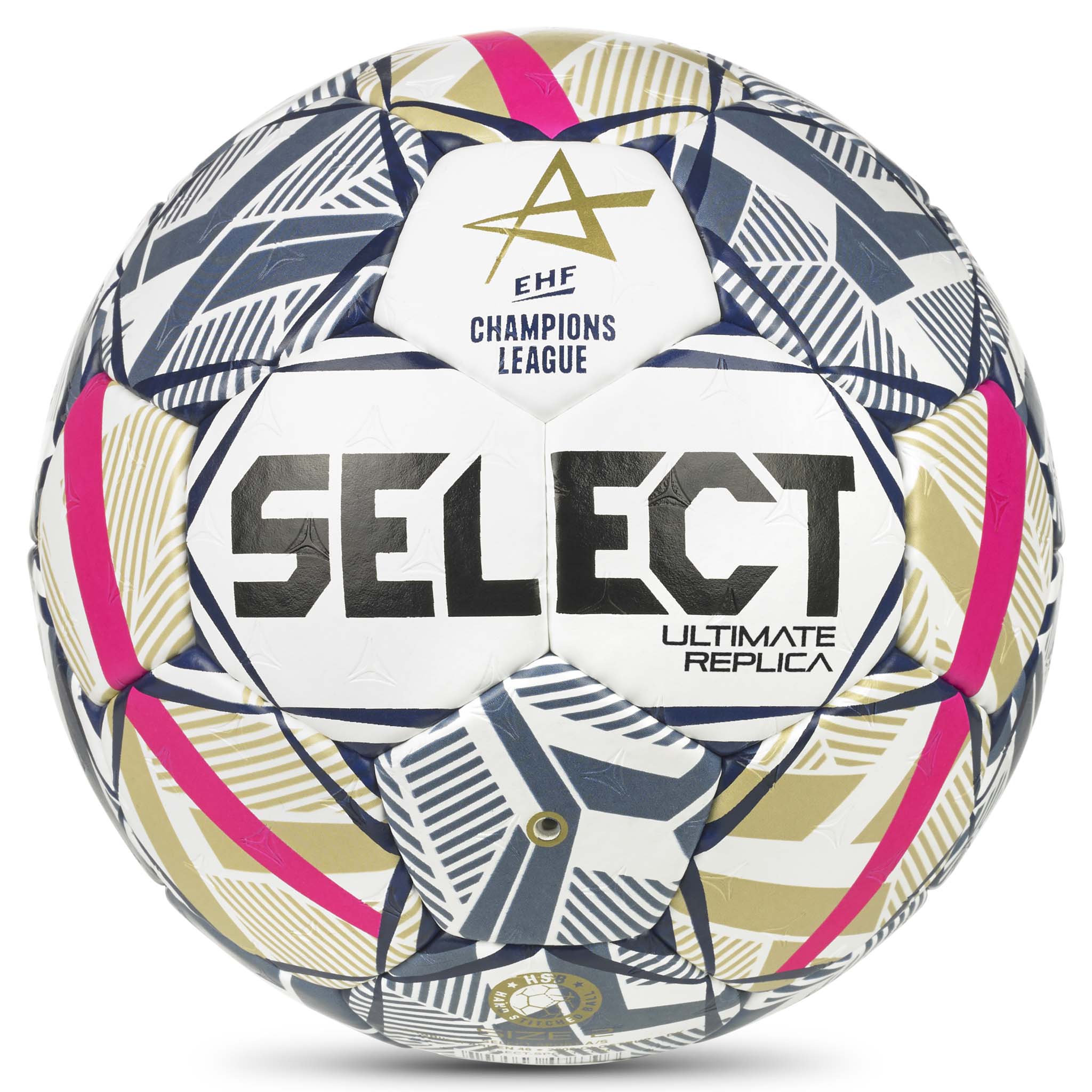 Replica EHF Champions League v26 håndbold, bagside, i hvid, blå, pink og guld.