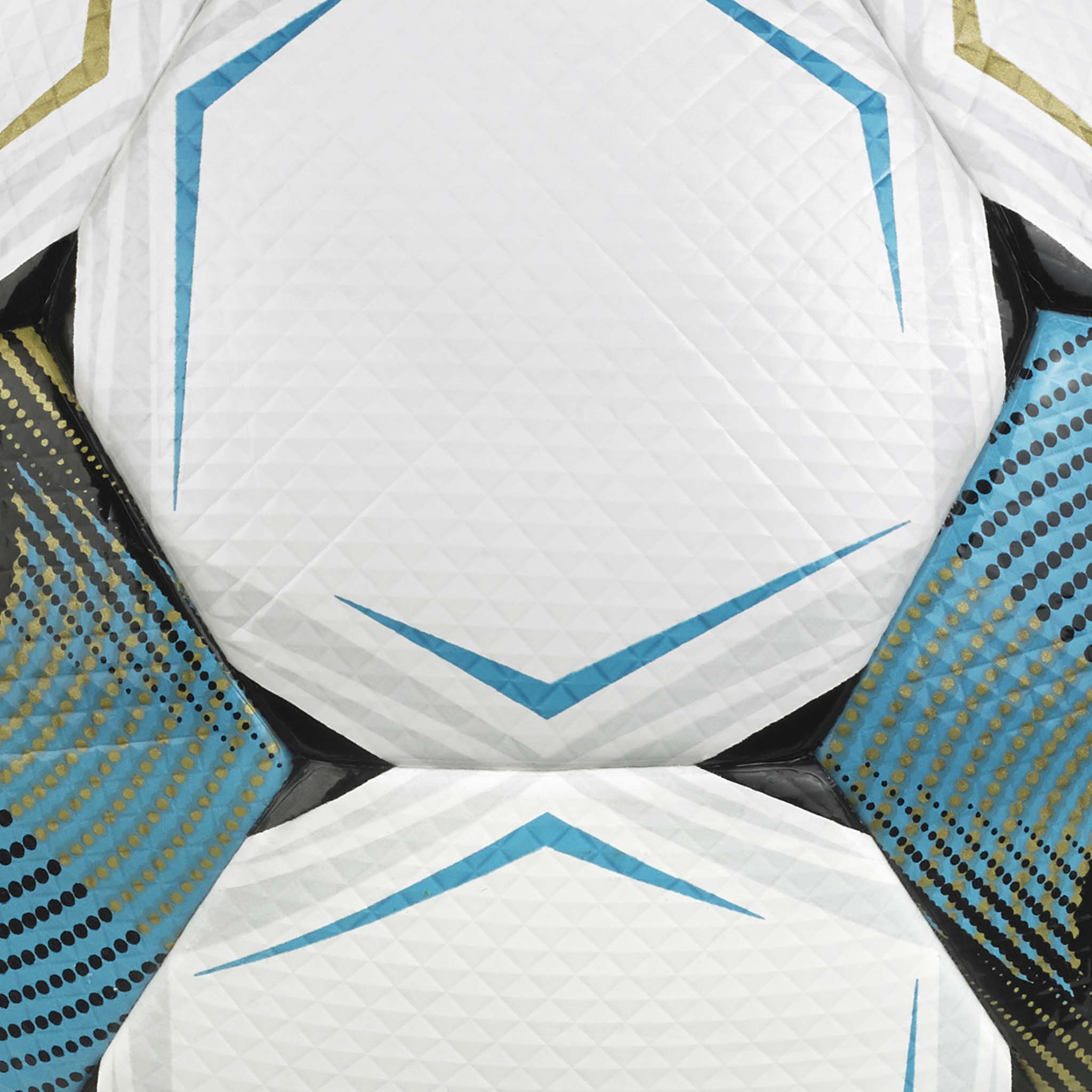 Nærbillede af Numero 10 v26 fodbold med hvide paneler og blå, sorte og gyldne detaljer