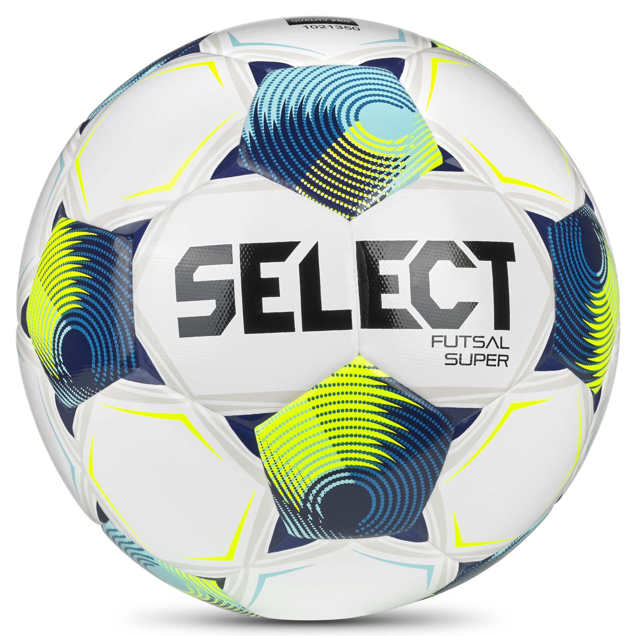 Futsal Super v26 fodbold, forside. Hvid bold med blåt, grønt og marineblåt design.