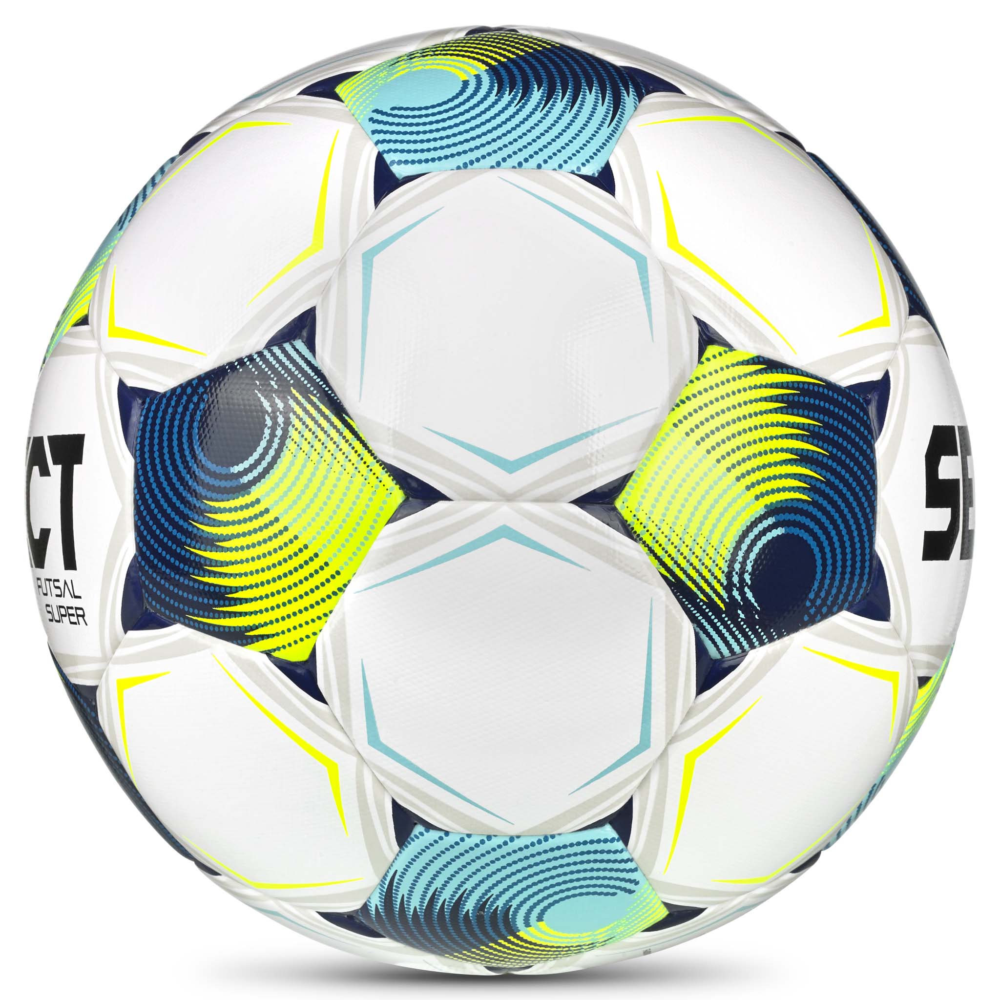 Hvid Futsal Super v26 fodbold med blåt, grønt og gult design, set fra højre side
