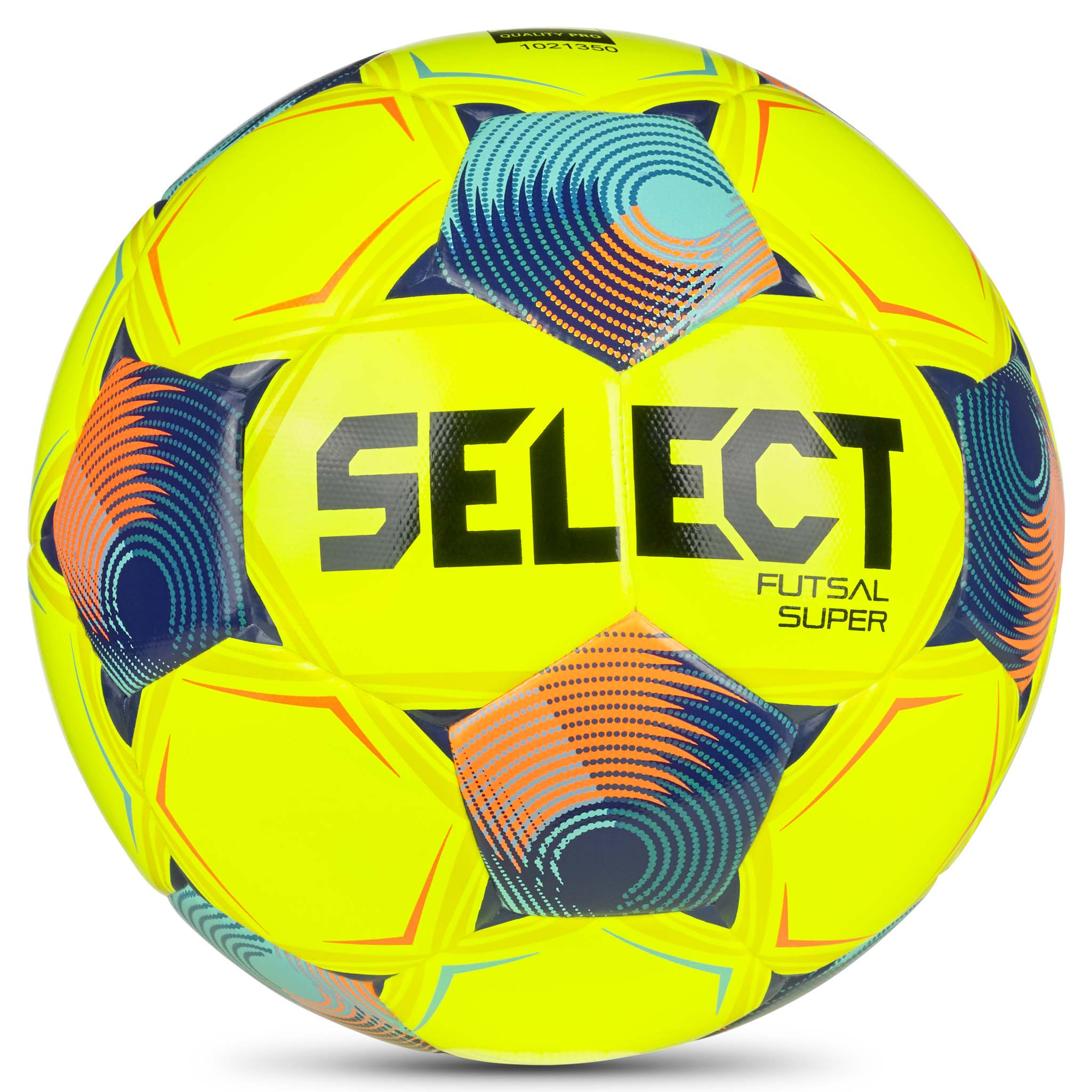 Futsal Super v26 fodbold, set forfra. Gul bold med blå, turkis og orange detaljer.