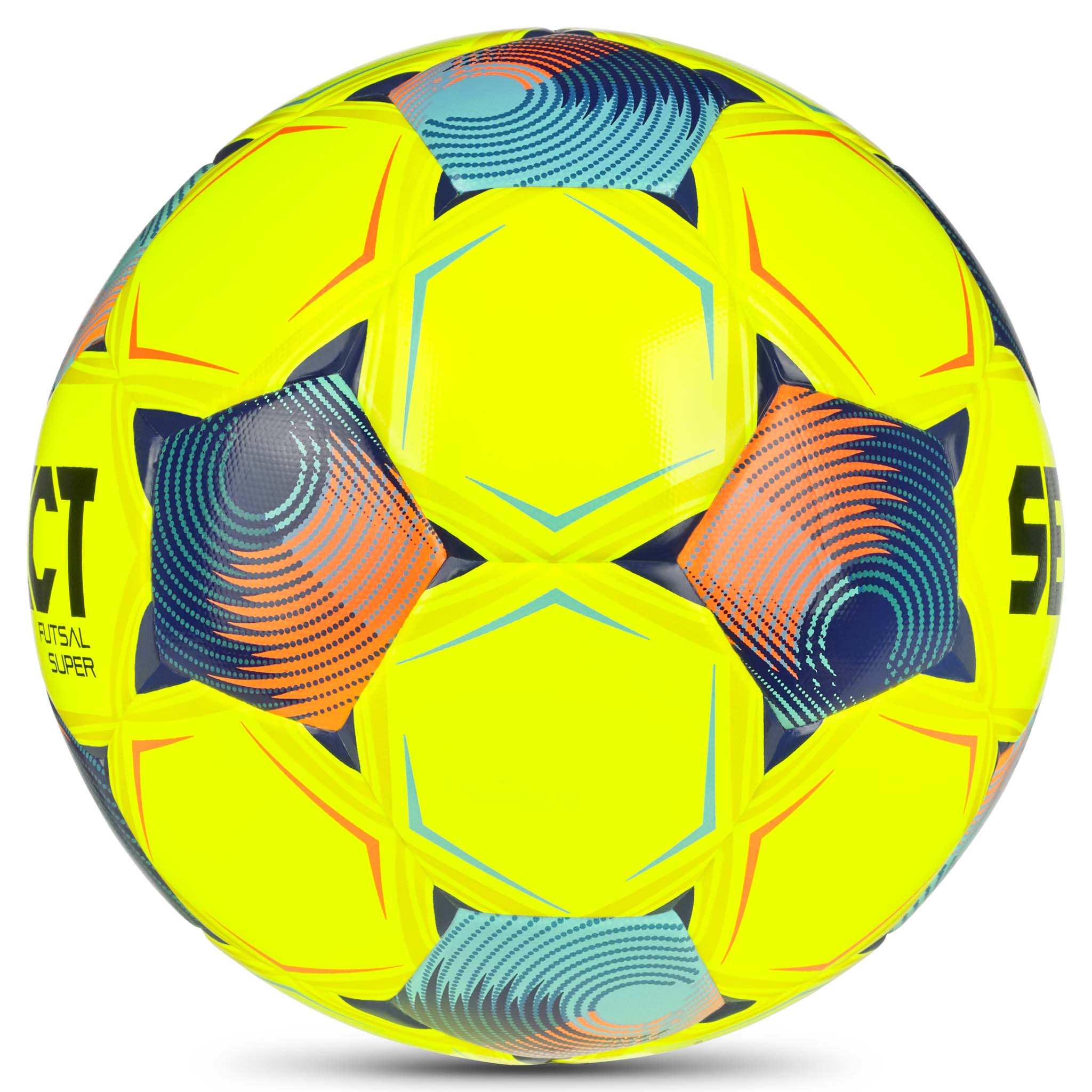 Futsal Super v26 fodbold, set fra højre side, gul med blå og orange detaljer
