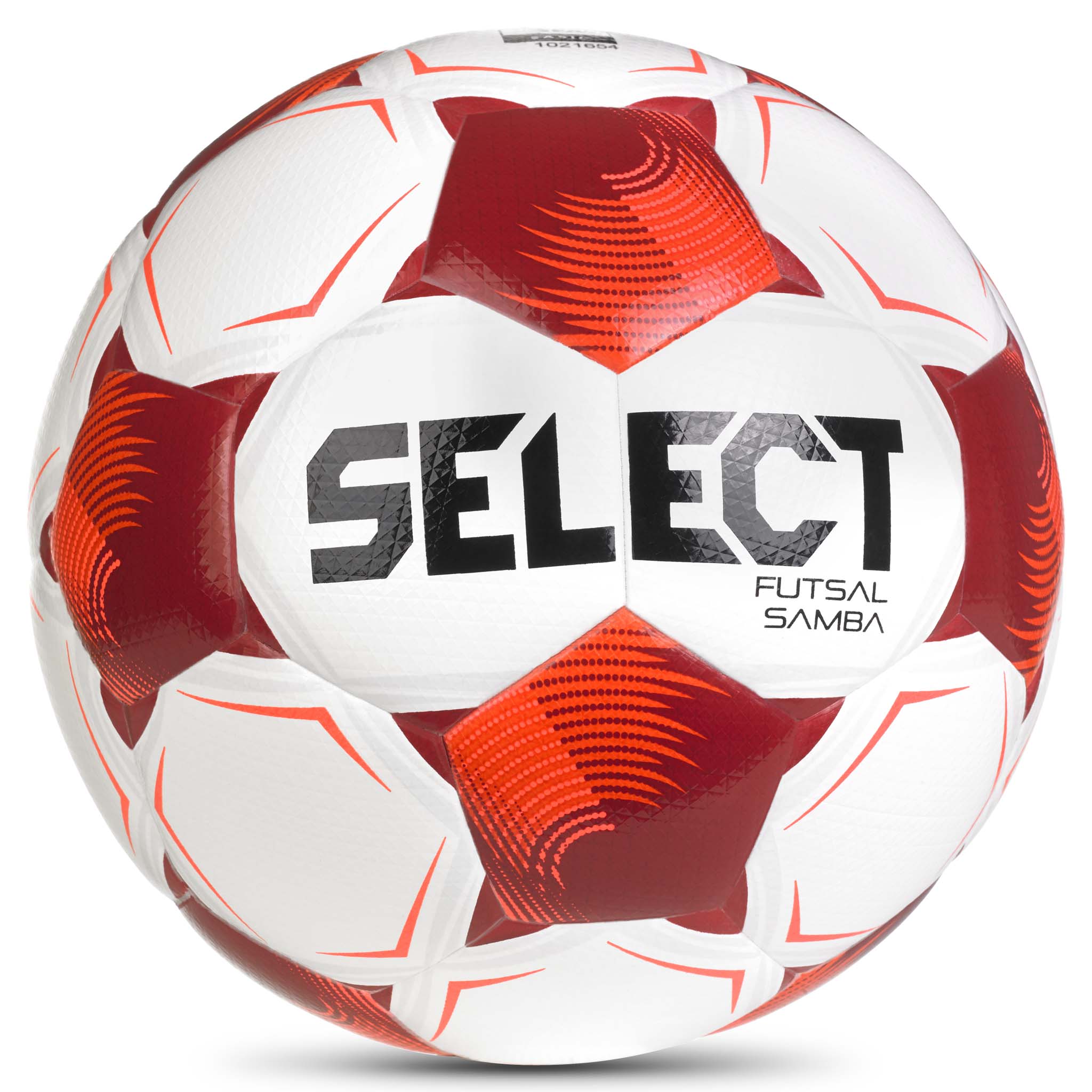Forside af hvid og rød Futsal Samba v26 futsalbold med sort Select-logo.