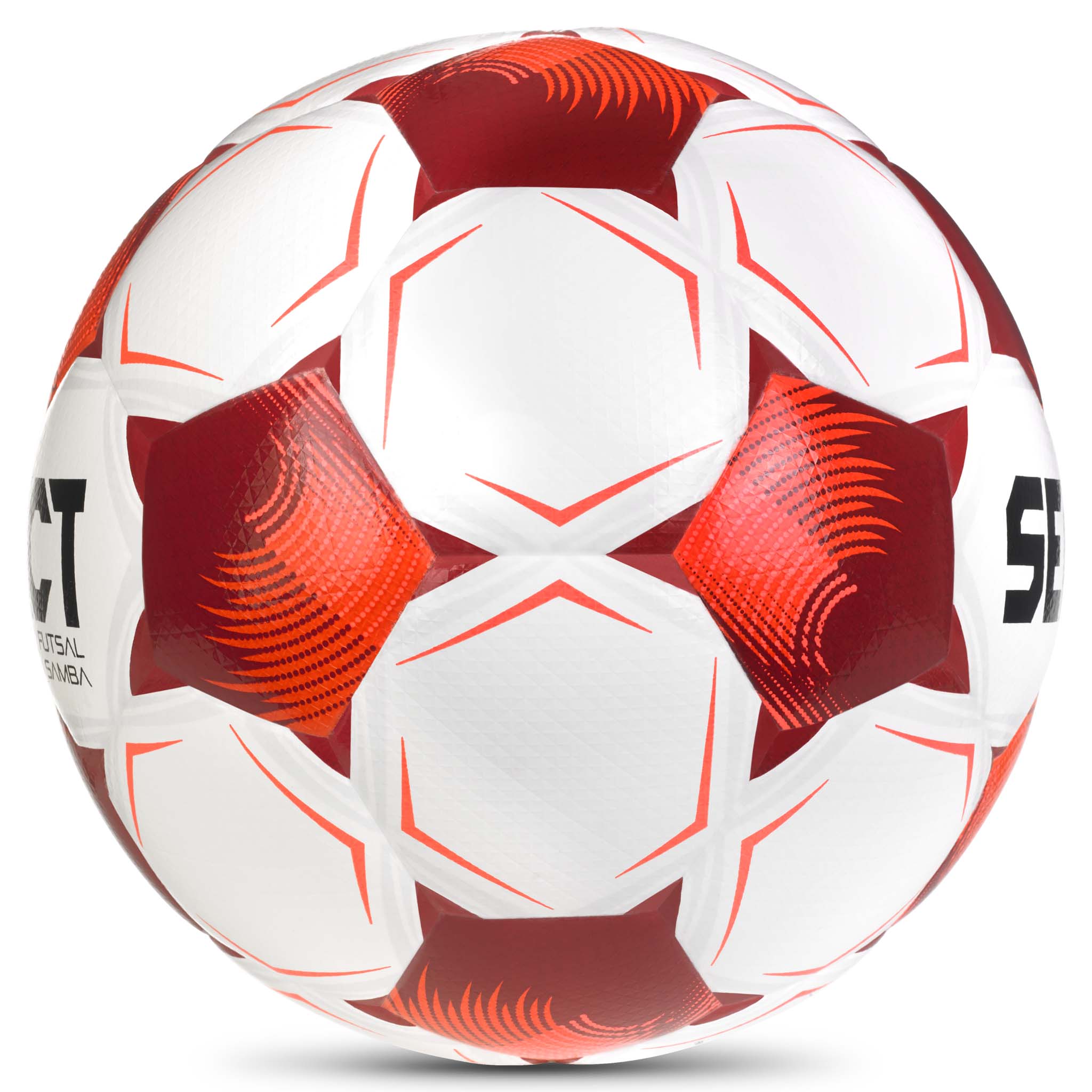 Hvid og rød Futsal Samba v26 futsalbold, set fra højre side.