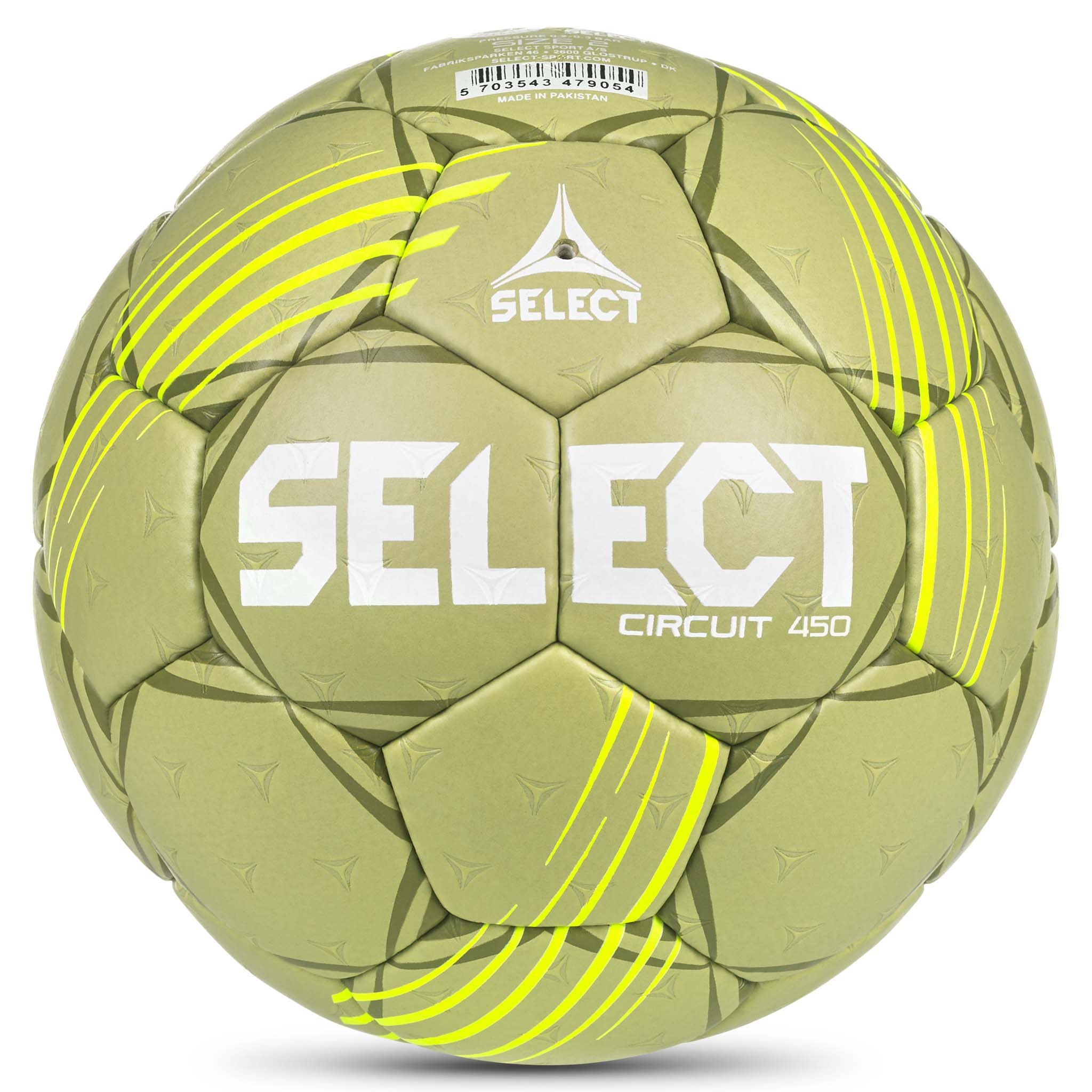 HB Circuit 450 v26 håndbold, bagside, grøn med gul og hvid Select-logo.