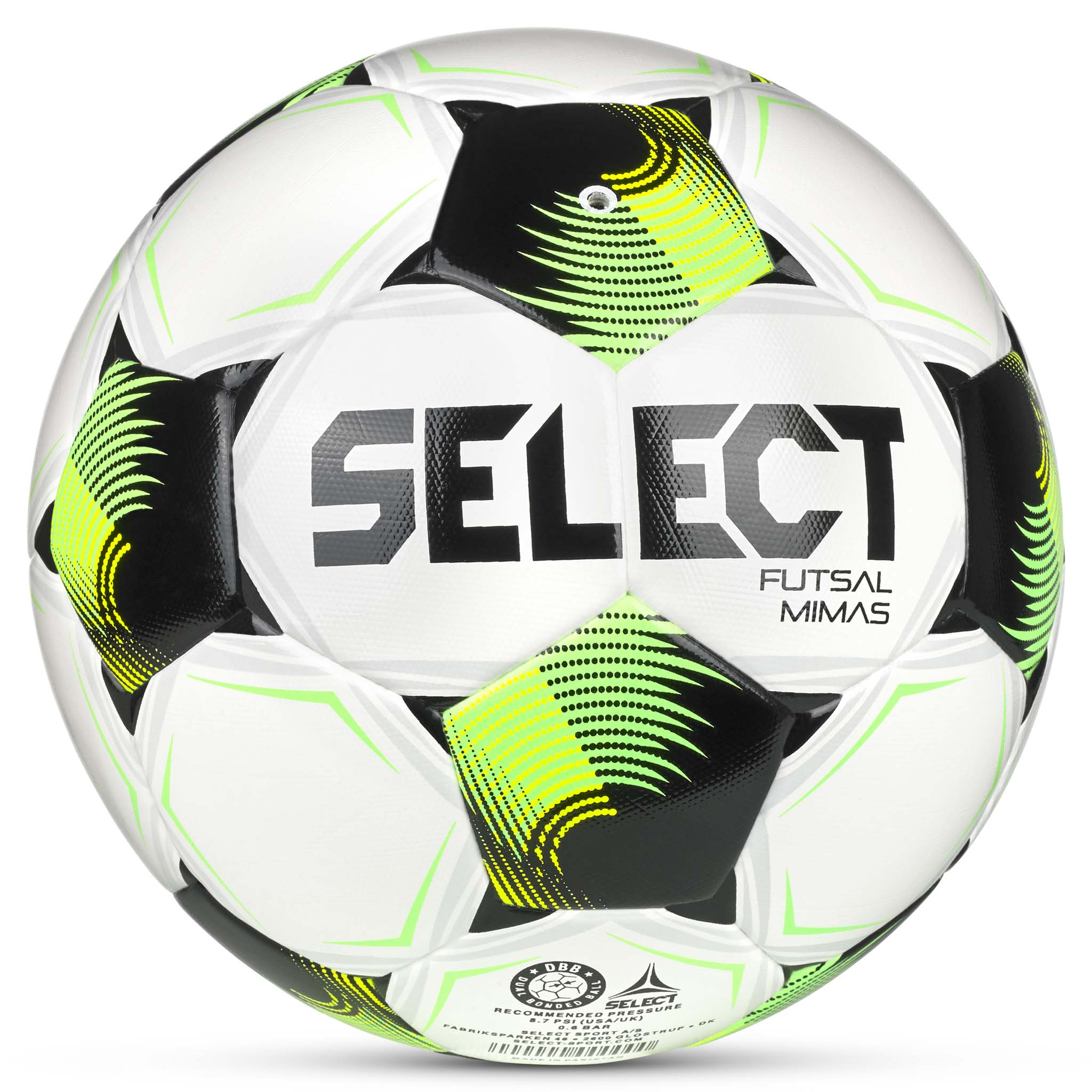 Futsal Mimas v26 fodbold, bagside. Hvid, grøn og sort Futsal-bold med Select-logo.