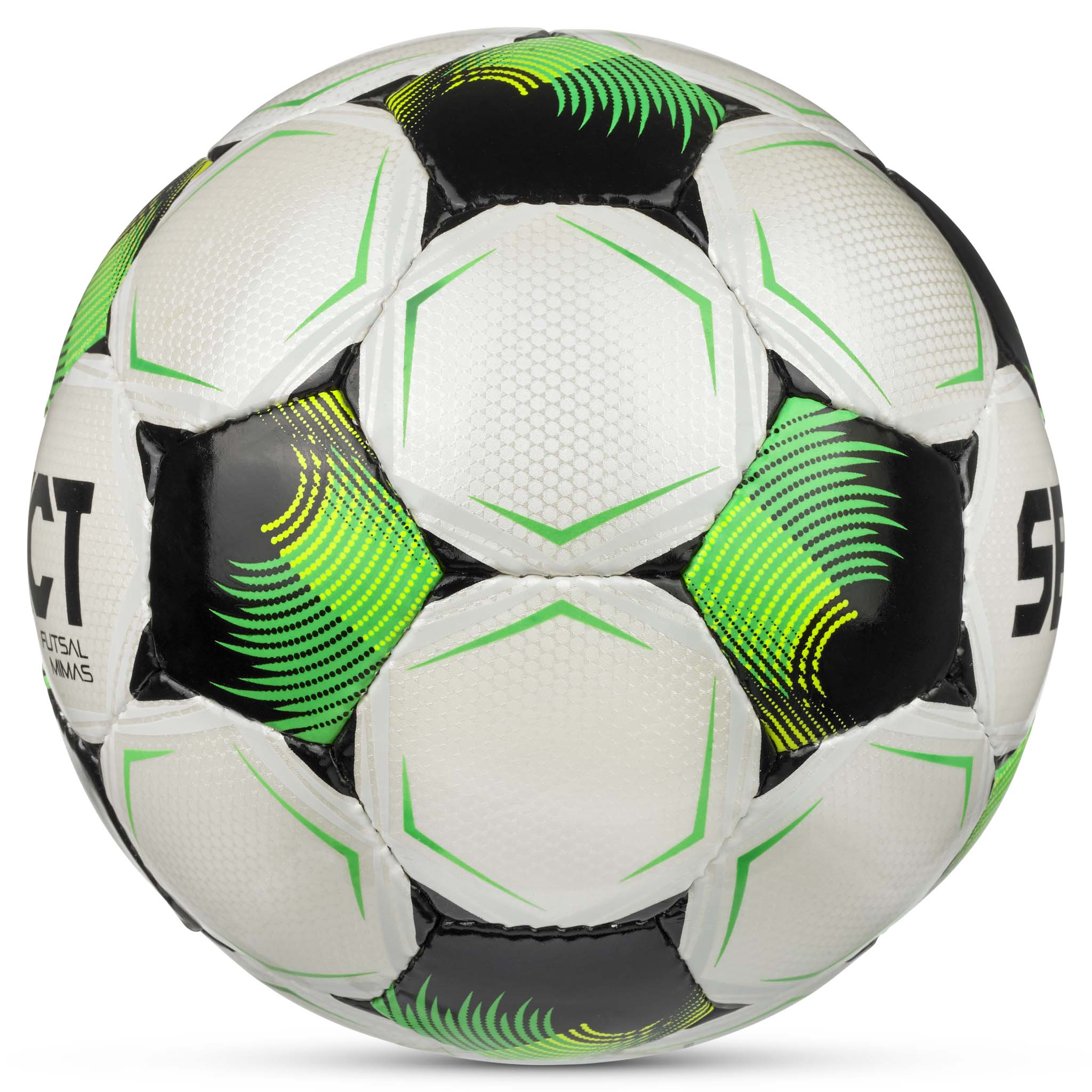 Futsal Mimas v26 futsalbold, set fra højre side, hvid med grønne, sorte og gule detaljer.