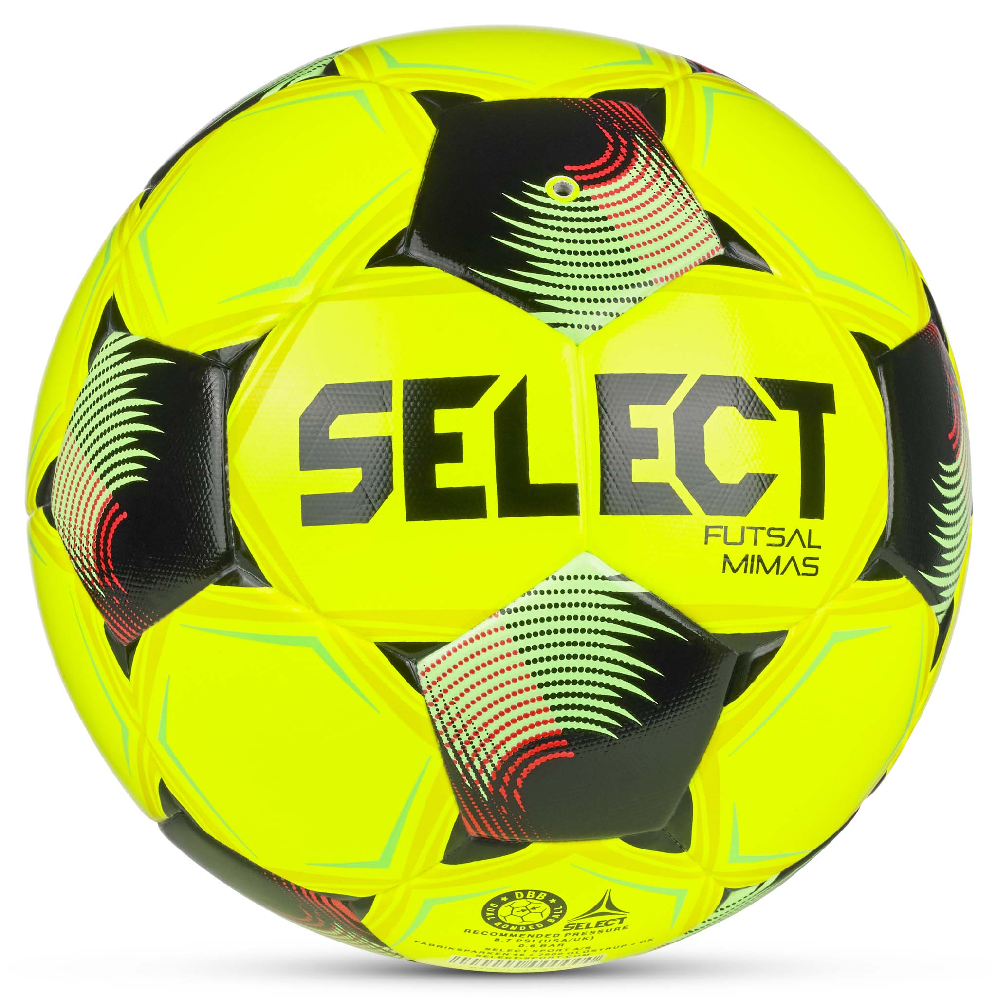 Futsal Mimas v26 bold, bagside. Gulgrøn med sorte, røde og turkise detaljer.