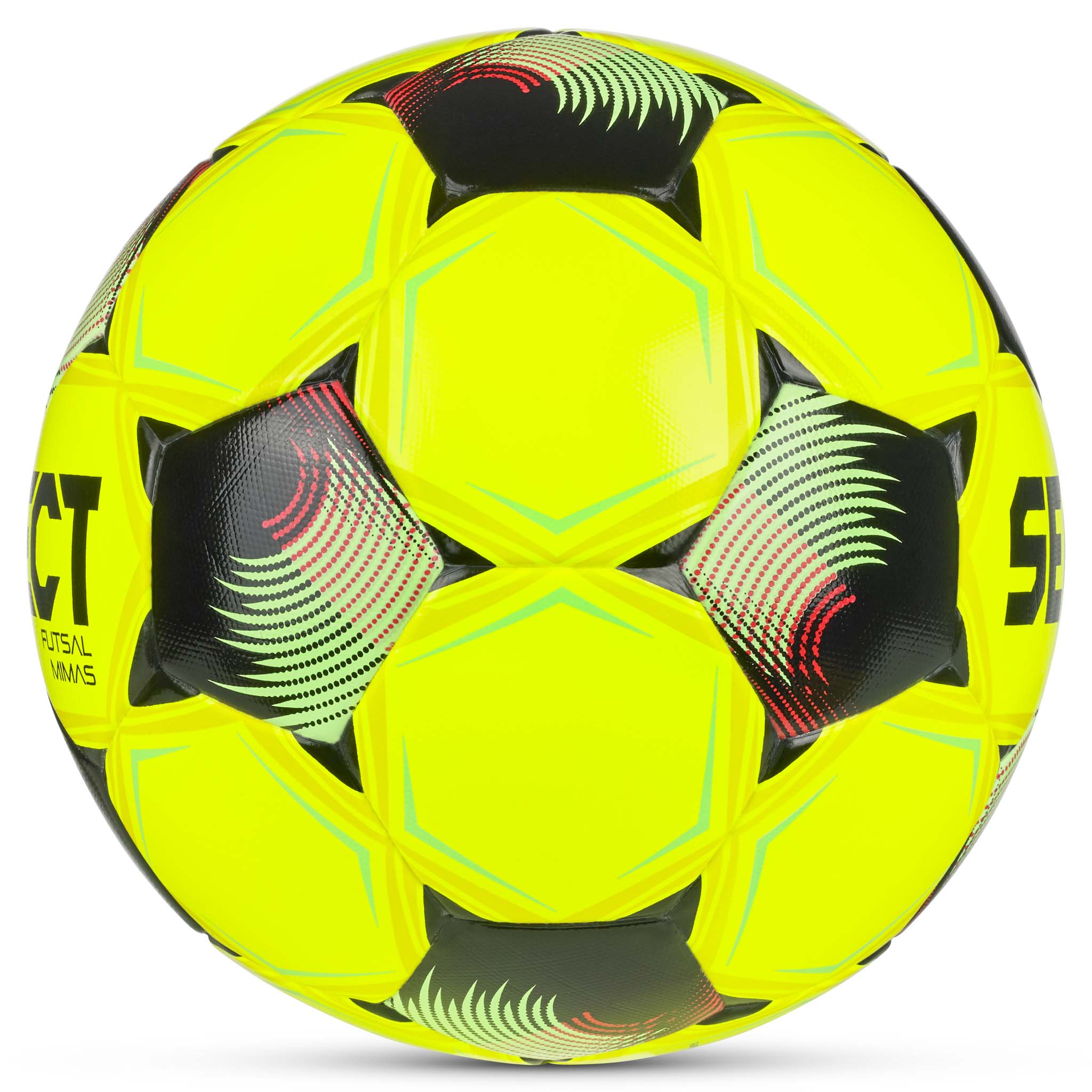 Futsal Mimas v26 bold, set fra højre side. Gulgrøn futsal med sorte, røde og turkise detaljer.