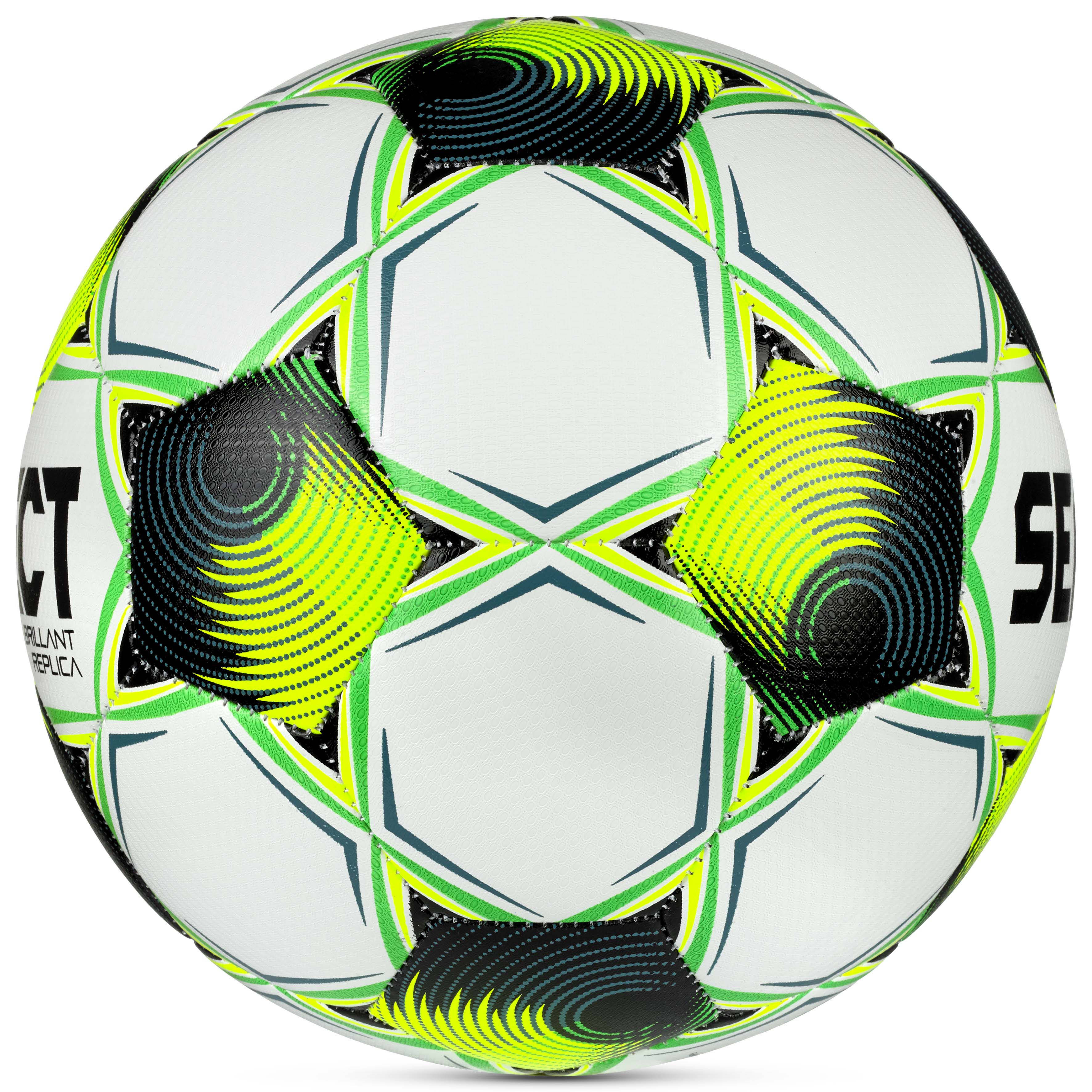 Brillant Replica 3F Superliga v26 fodbold i hvid, grøn, gul og sort, set fra højre side