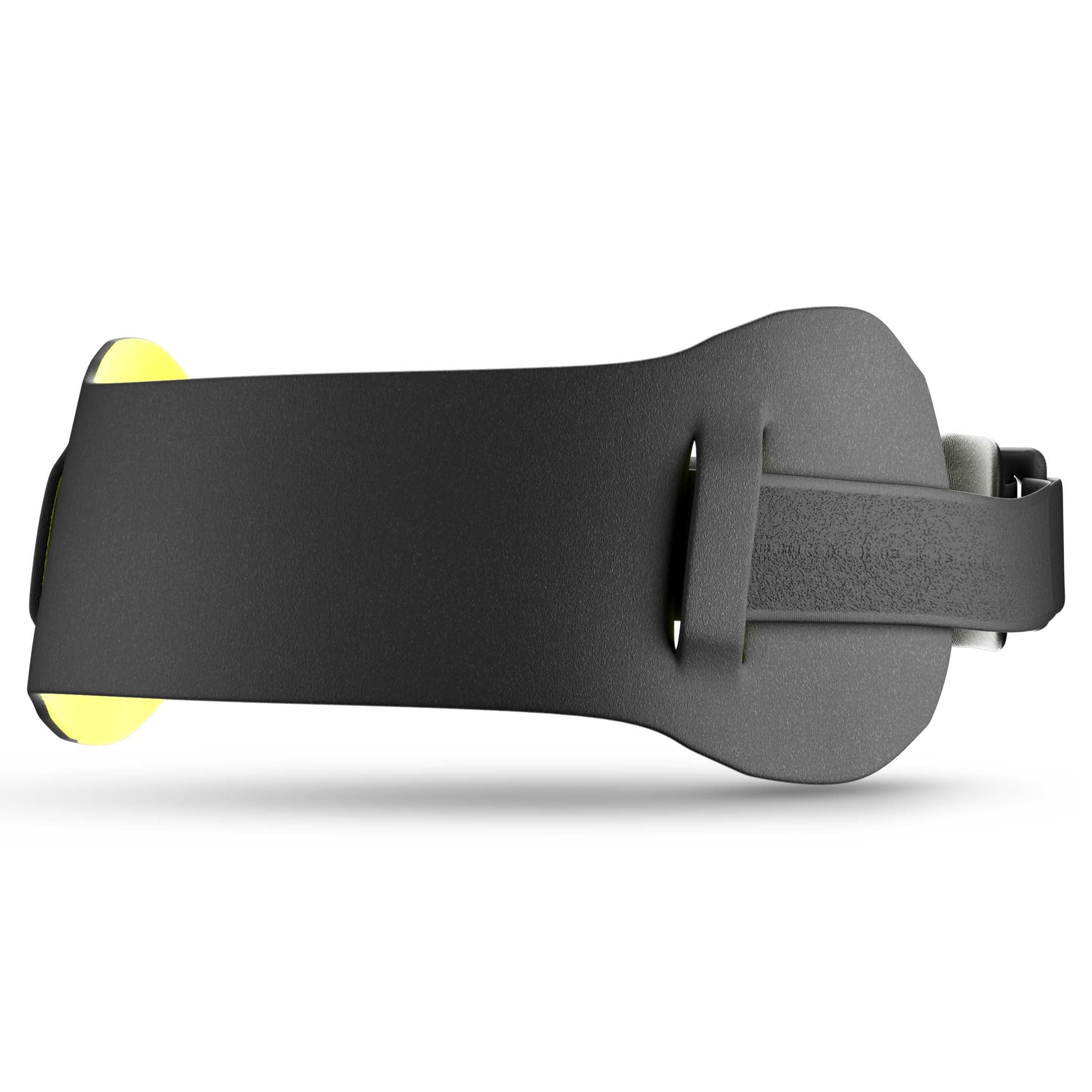 Sort Knee strap med gule detaljer, sports support, set fra bagsiden.