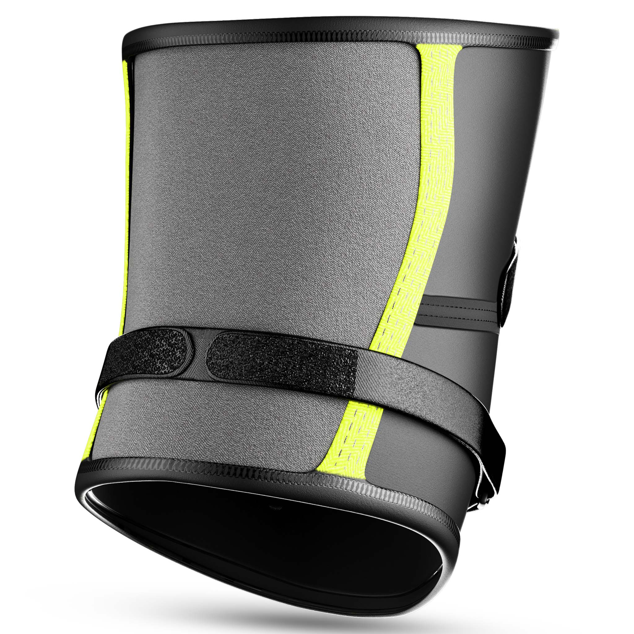 Bagside af grå Knee support Stabilizer 6207 sportsstøtte med gule striber og justerbar sort rem