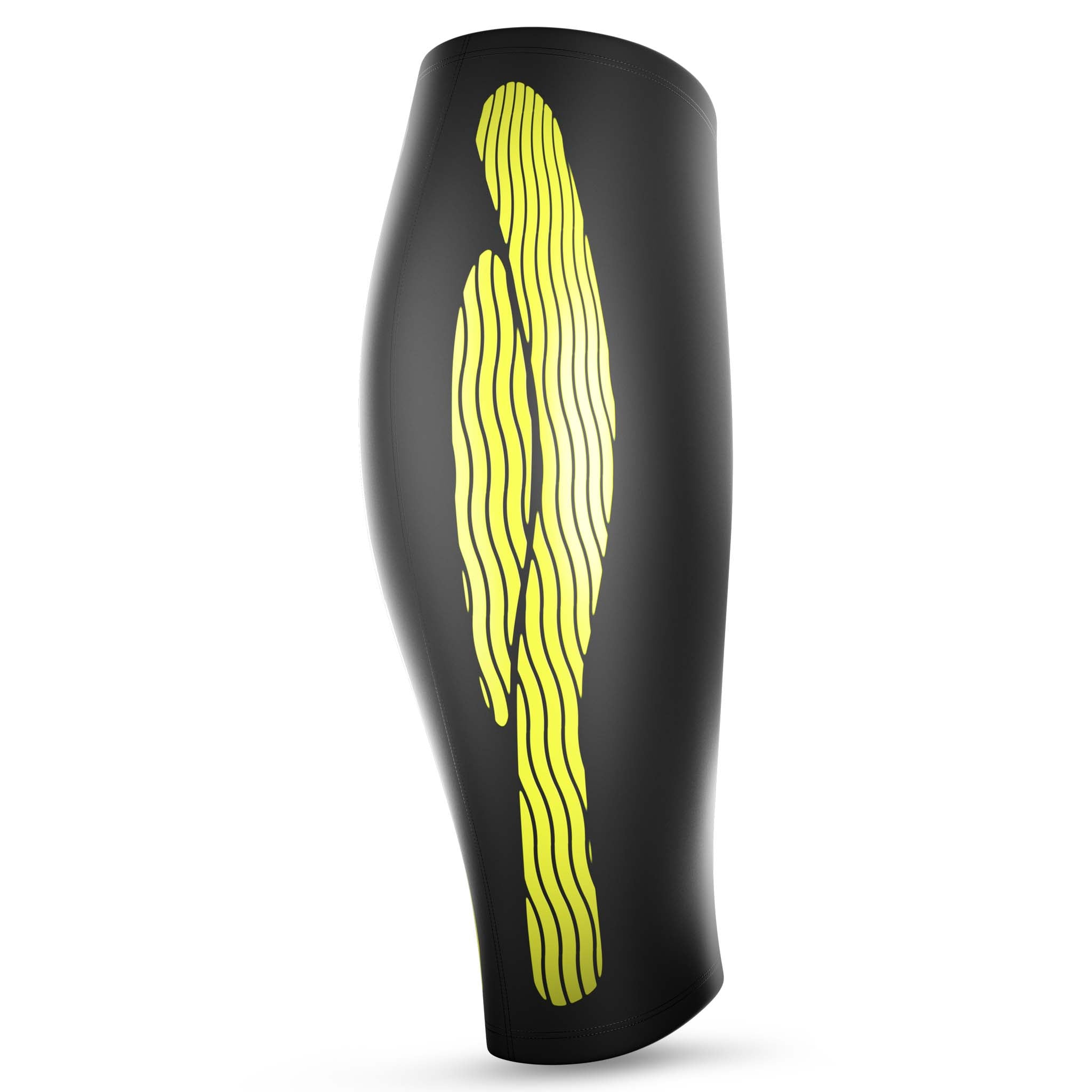 Sort Compression Calf 6150 sportsstøtte, bagside, med gult kinesiologisk bølgemønster