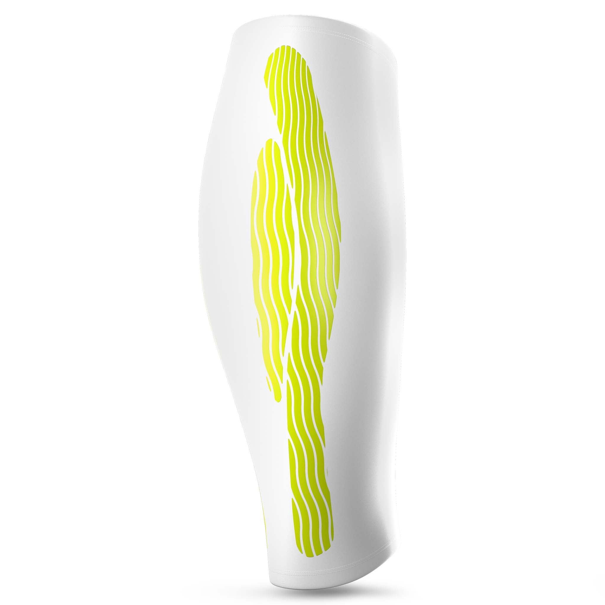 Hvid Compression Calf 6150 sportsstøtte, bagside, med neongult kinesiologisk bølgemønster.
