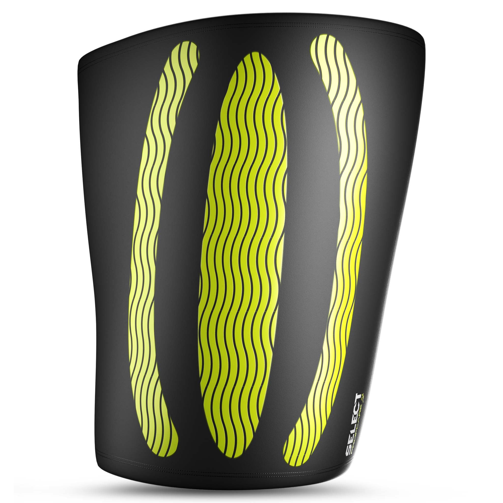 Sort Compression thigh support 6350 med gule bølgede linjer, forside. Sports support.