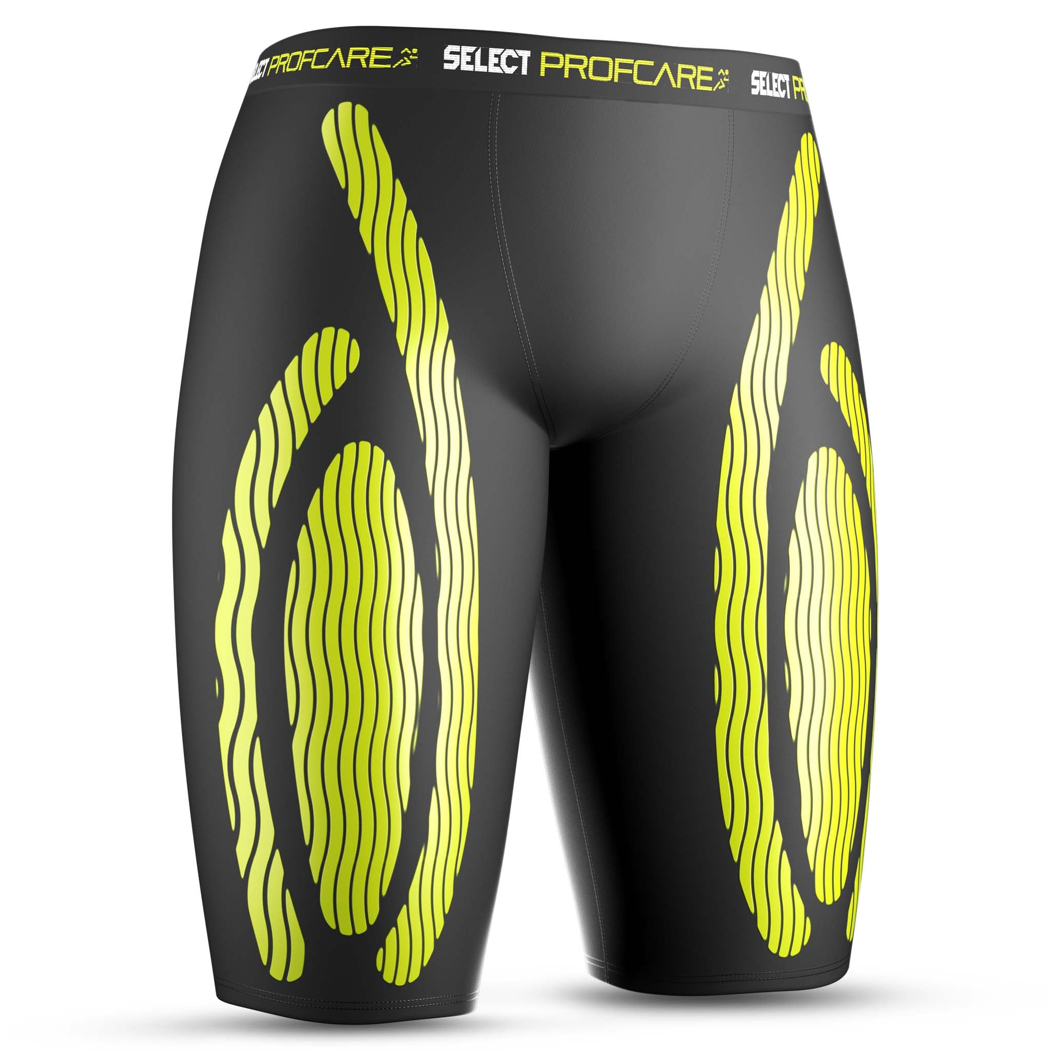 Sorte kompressionsshorts 6407 med gult design, sportsstøtte, forsidevisning.