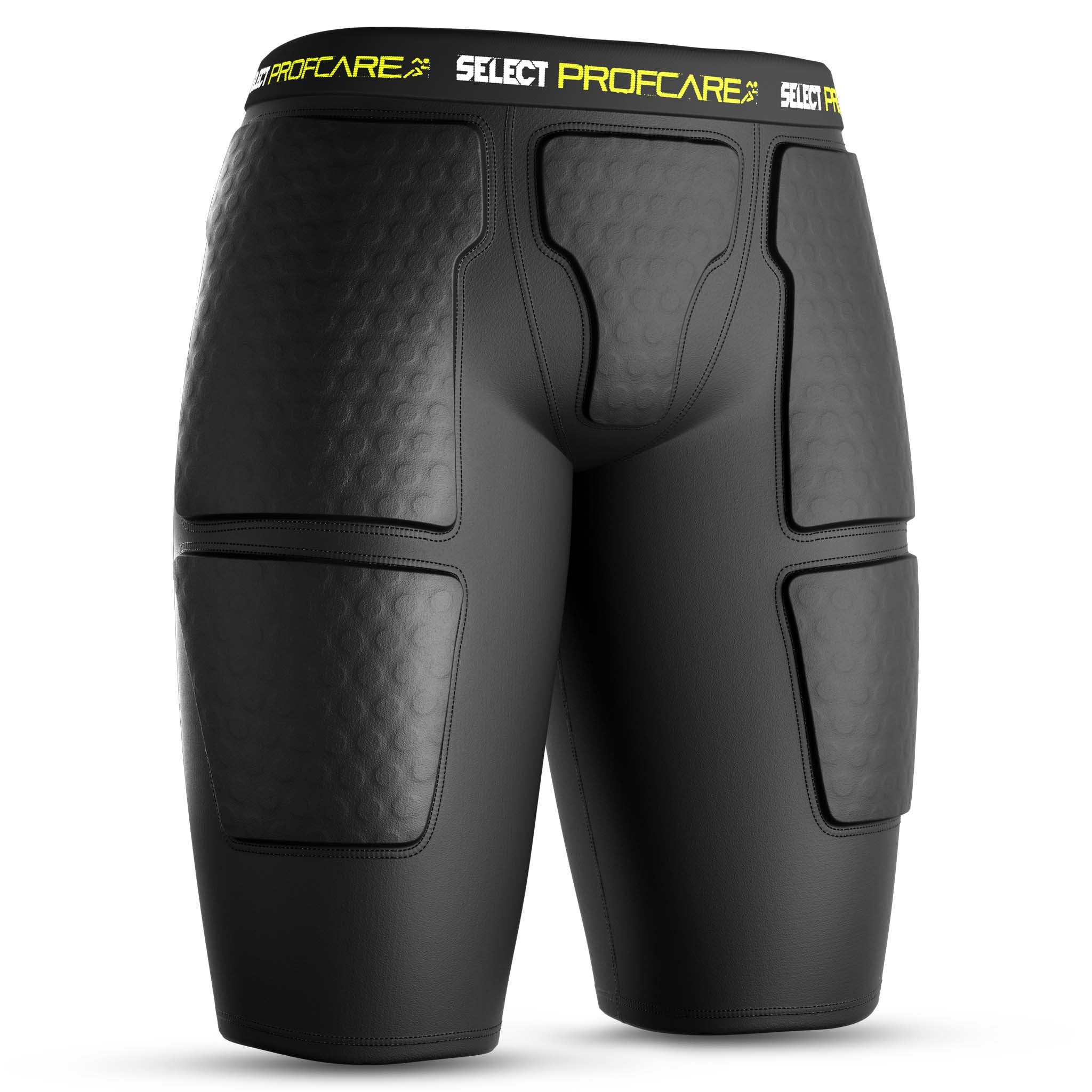 Sorte kompressionsshorts m/puder 6421, sportsstøtte, forsidevisning med gul Select-logo.