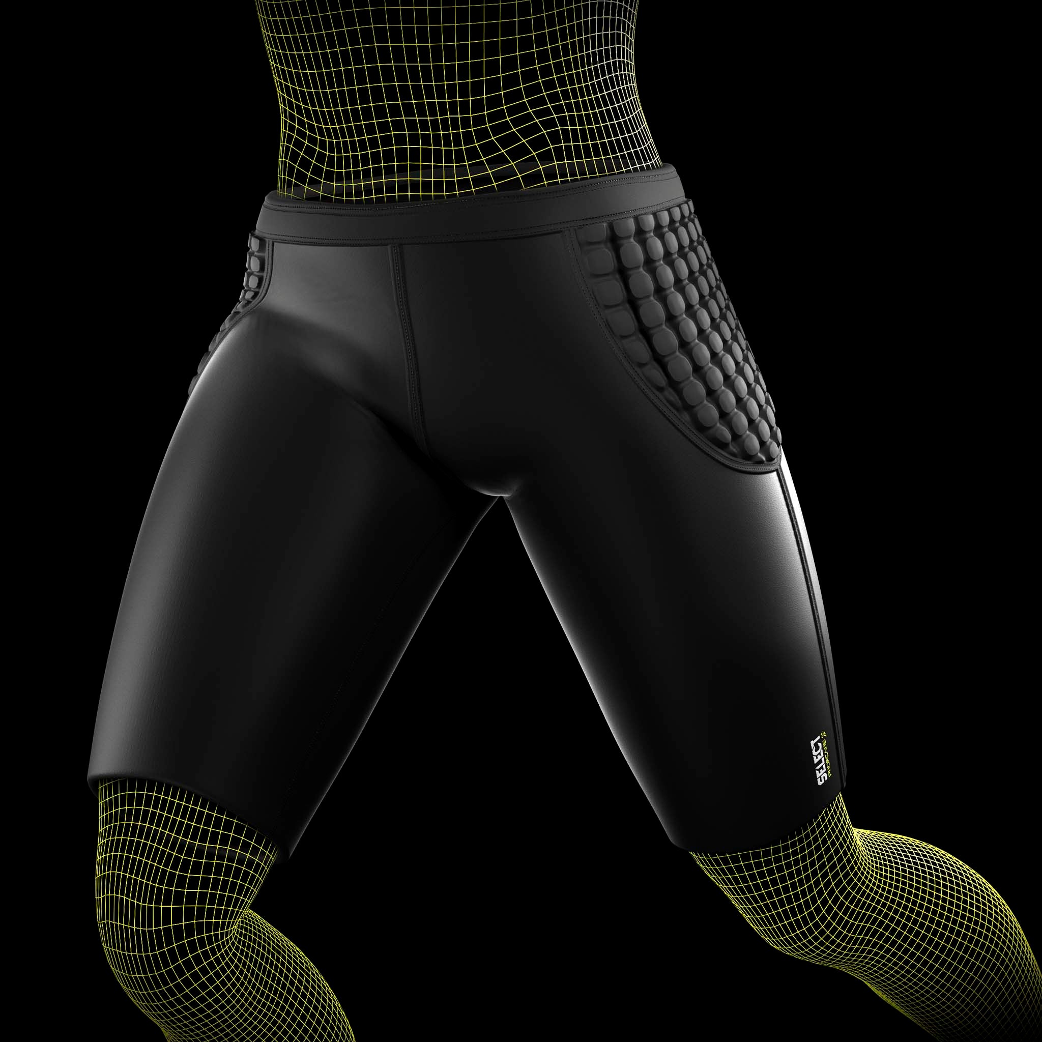 Sorte Goalkeeper pants 6420 med polstret hoftebeskyttelse, sports support båret af mandlig fodboldspiller, set forfra
