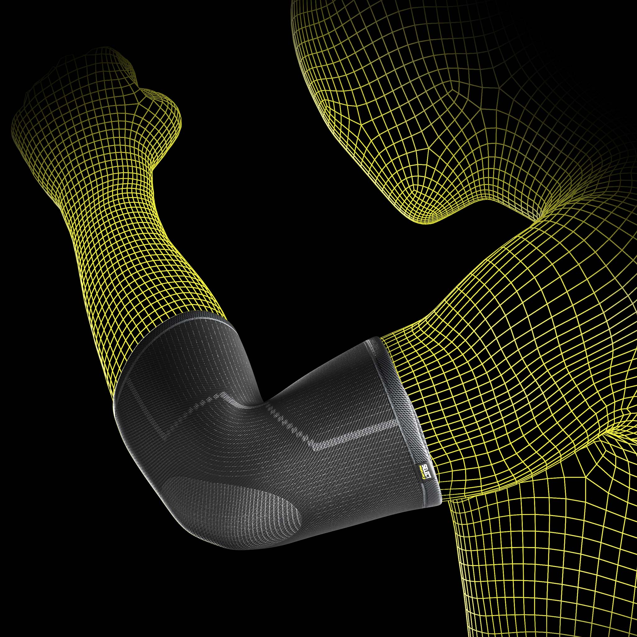 Sort Elbow support sportsstøtte vist på en wireframe-modelarm, forsidevisning.