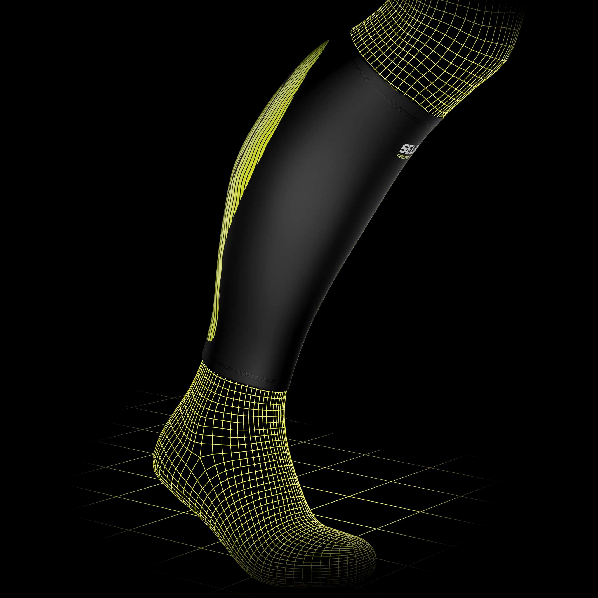 Compression Calf 6150 sportsstøtte i sort med gult gittermønster, forside modelvisning.