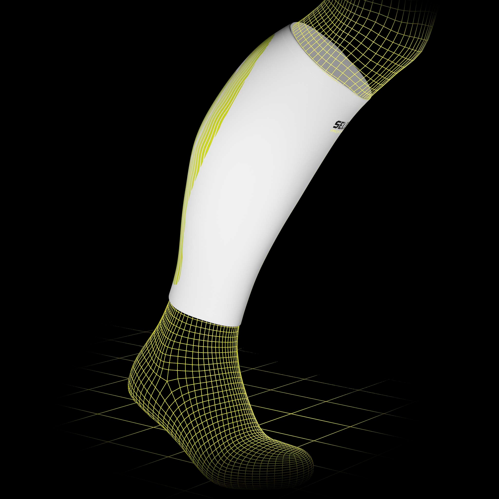 Hvid Compression Calf 6150 sportsstøtte med gult kinesiologisk mønster på modelben, set forfra.