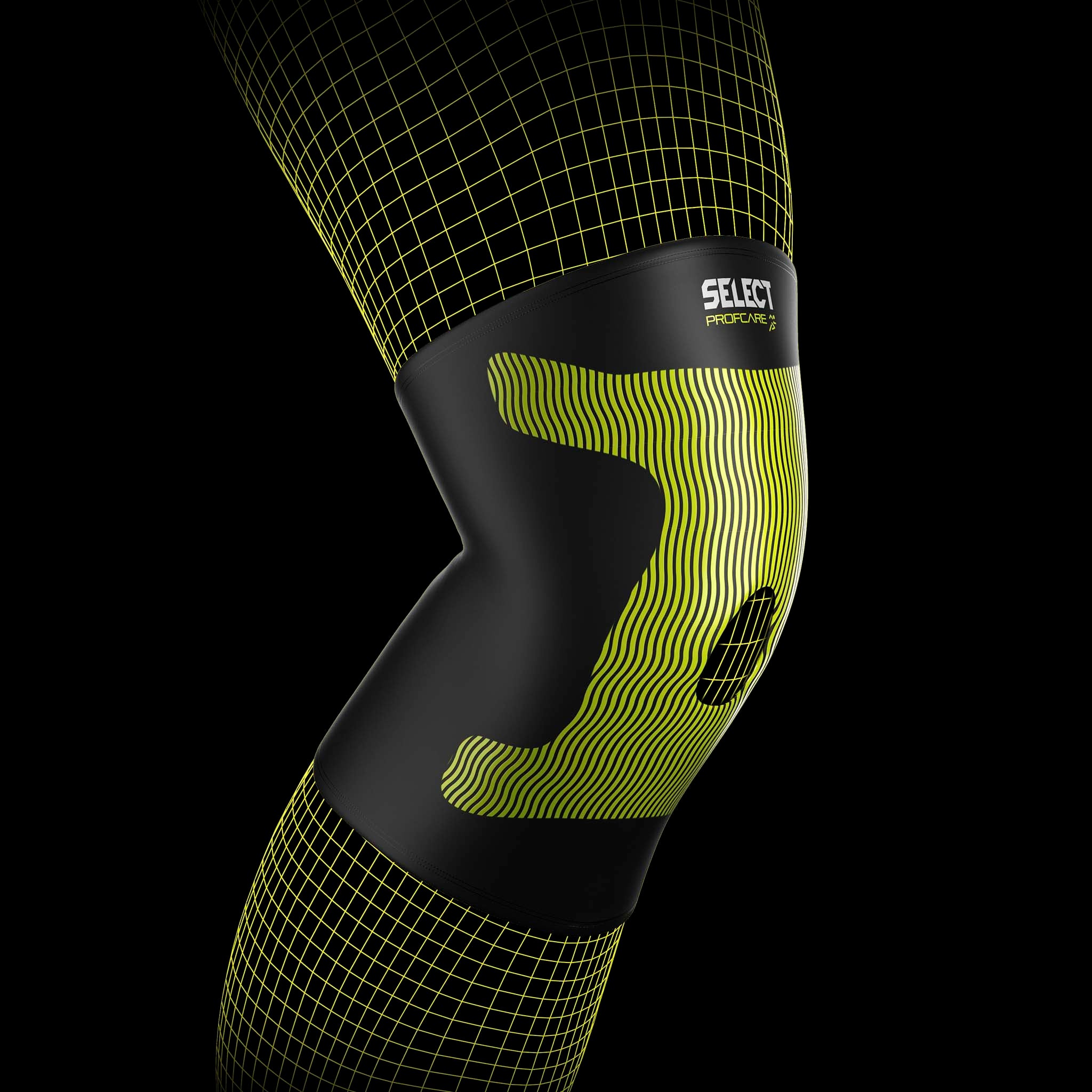 Sort og gul Compression knee support 6252, sportsstøtte, på et ben med kinesiologisk effekt