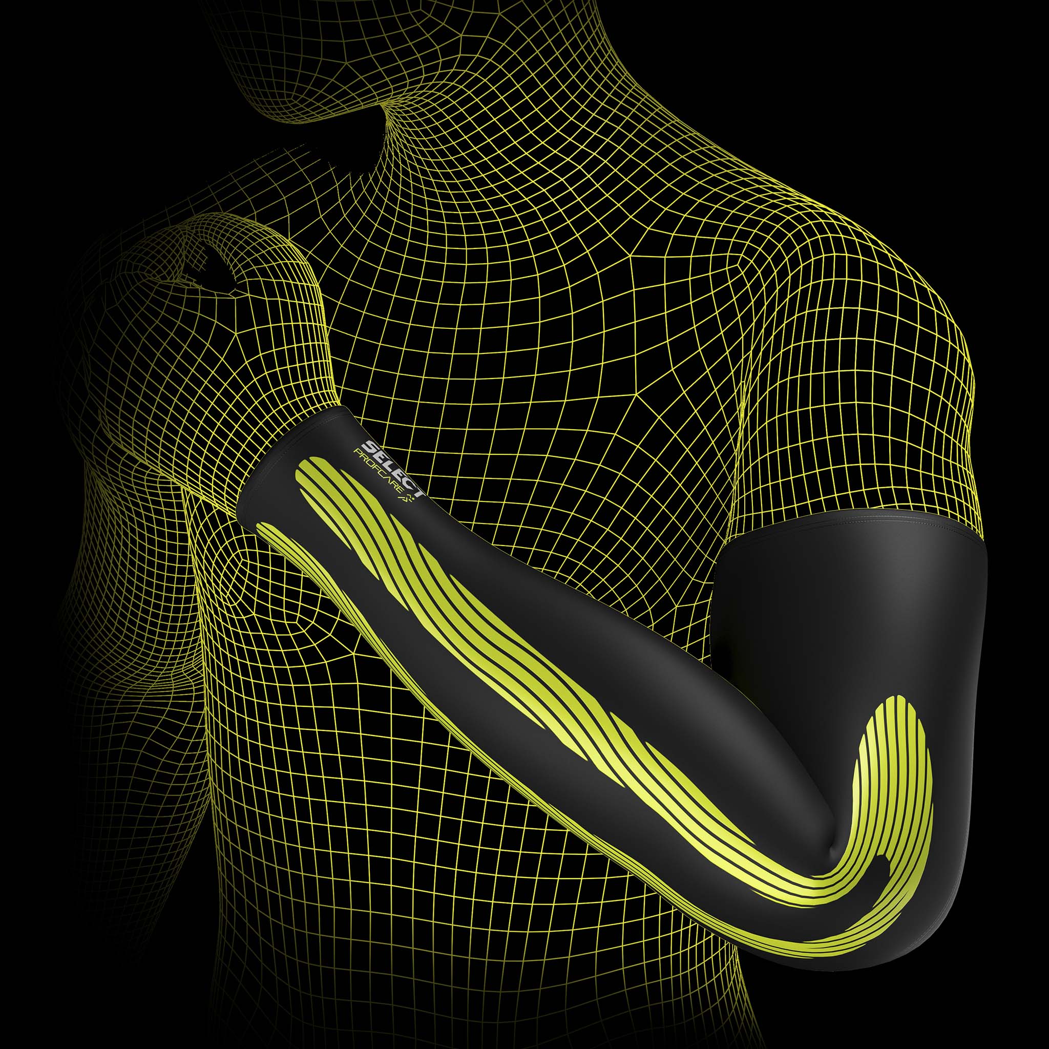 Sort og gul Compression arm sleeves 6610 sportsstøtte med kinesiologisk effekt på models arm