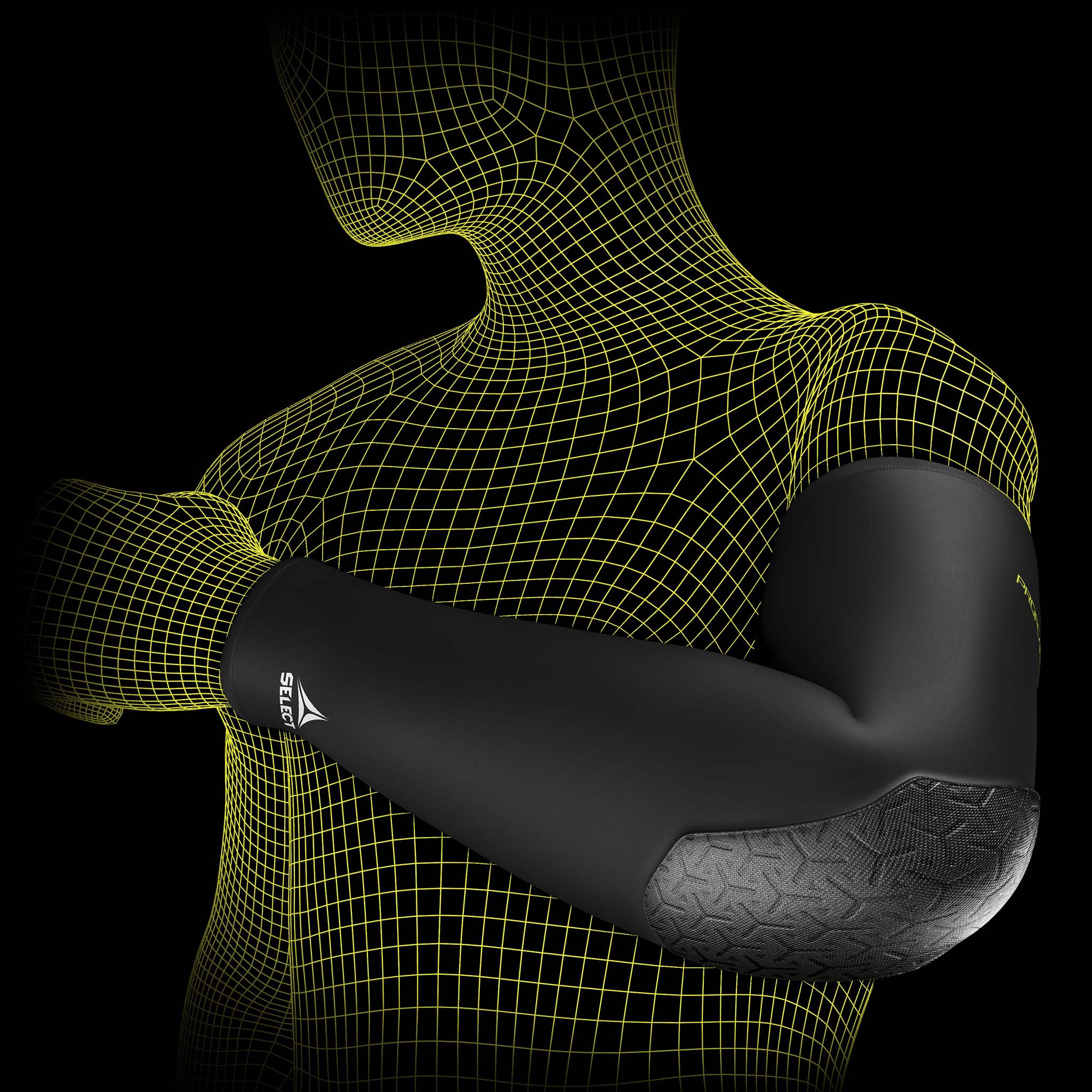 Sort Compression elbow support long 6652, sportsstøtte, vist på en wireframe-modelarm.