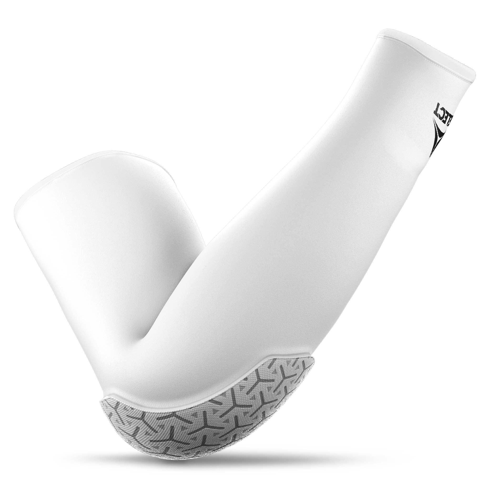Hvid Compression elbow support long 6652, sportsstøtte, bagside med gråt mønstret polstring.