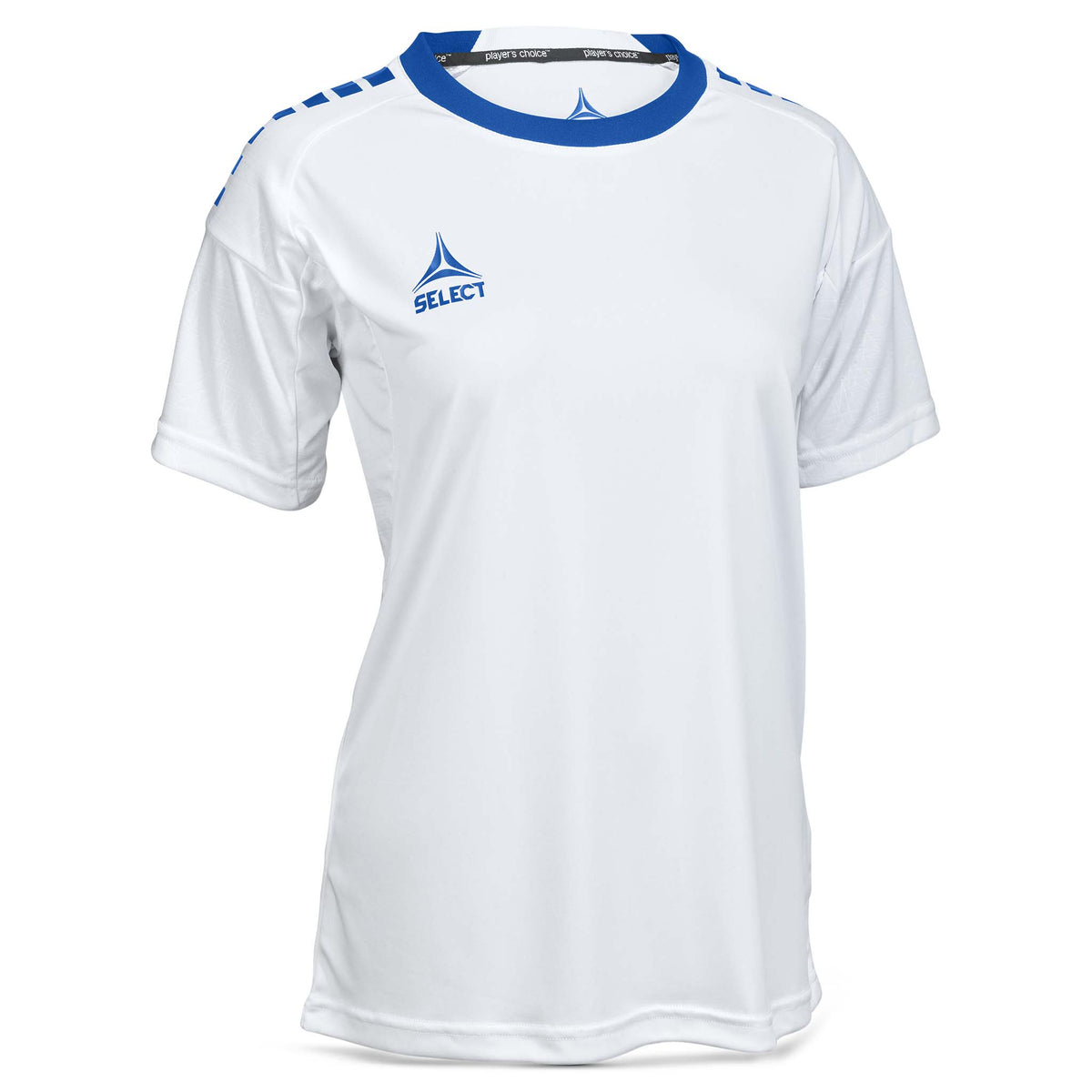 Forside af hvid og blå Player shirt S/S Spain woman v25, Match & Training wear fodbold.
