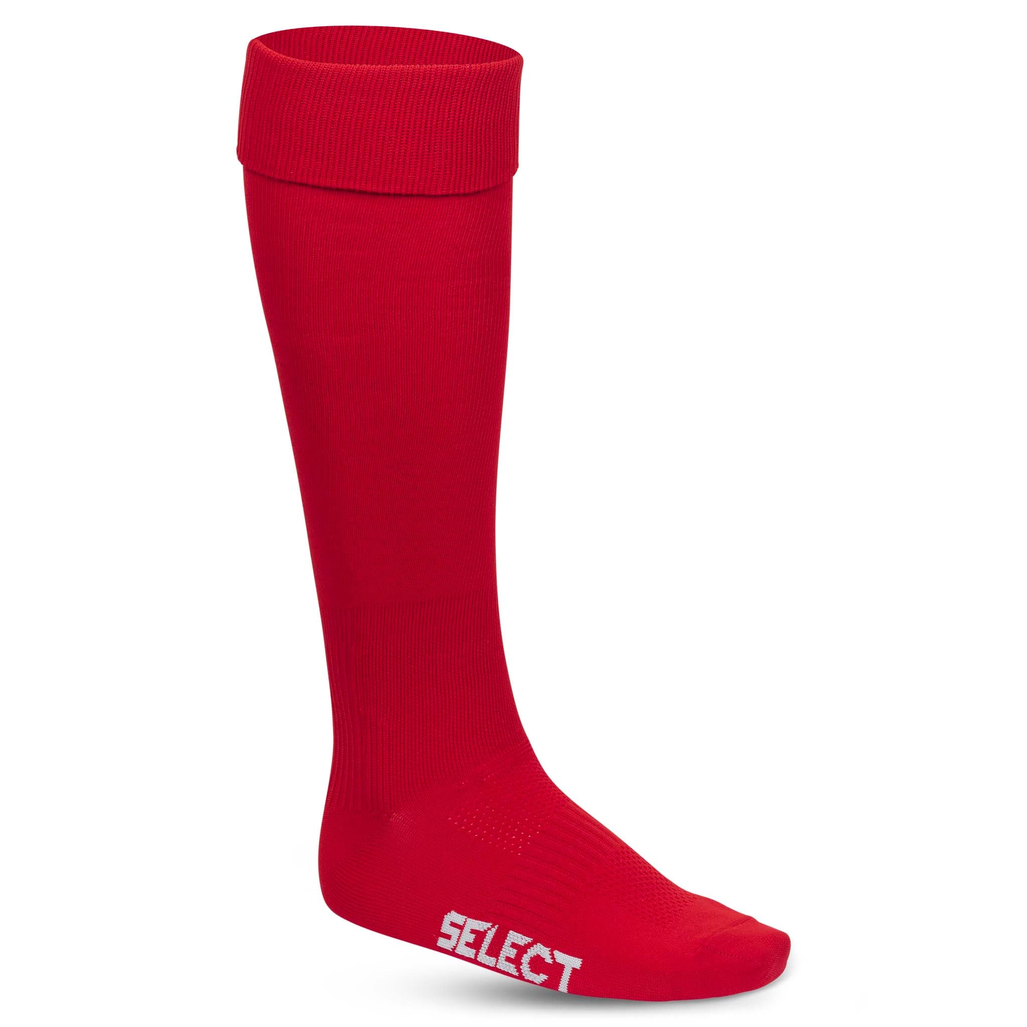 Forside af røde Football socks Club v22 accessories med hvidt Select-logo.