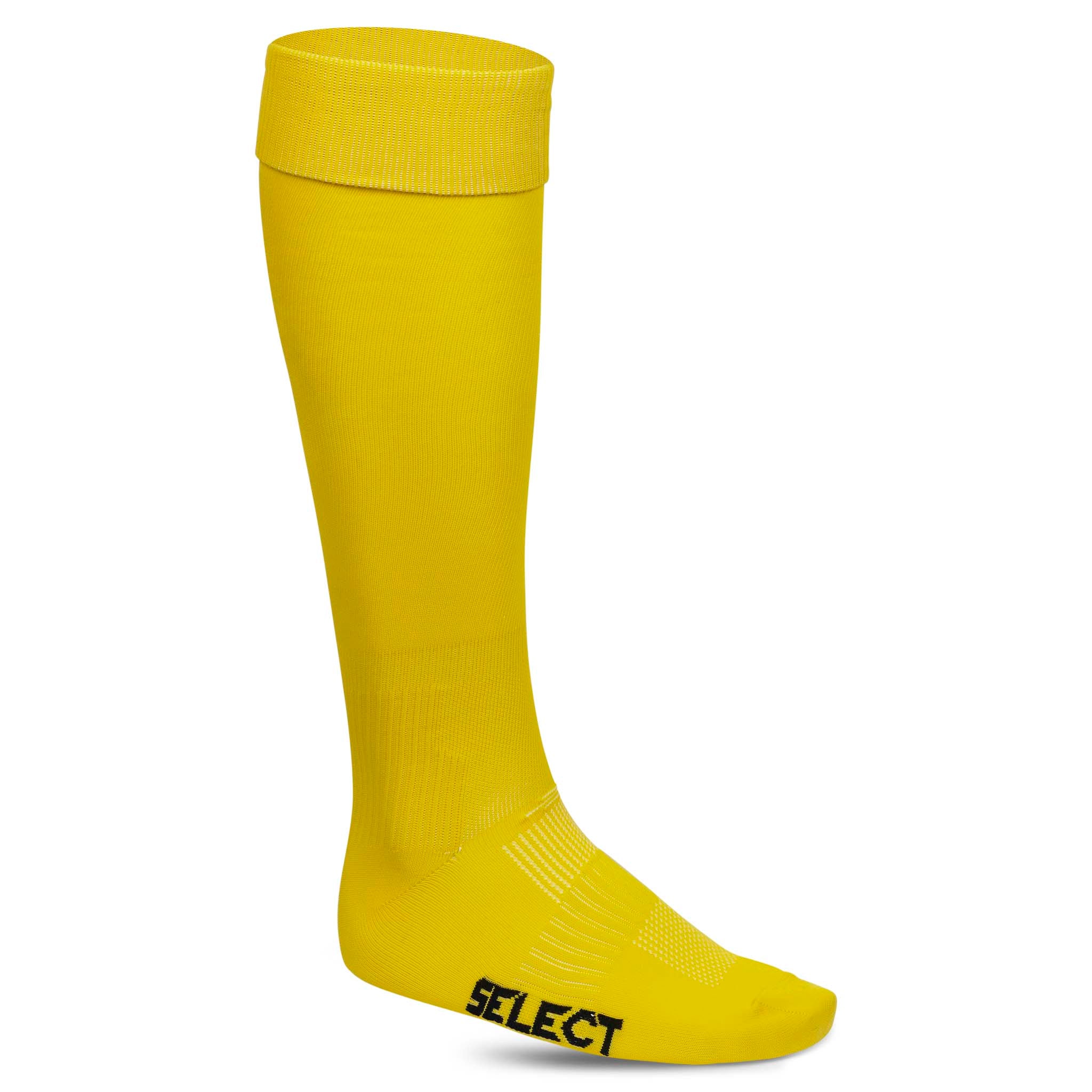 Forfra-billede af gule Football socks Club v22, Accessories, med sort Select-logo på foden.