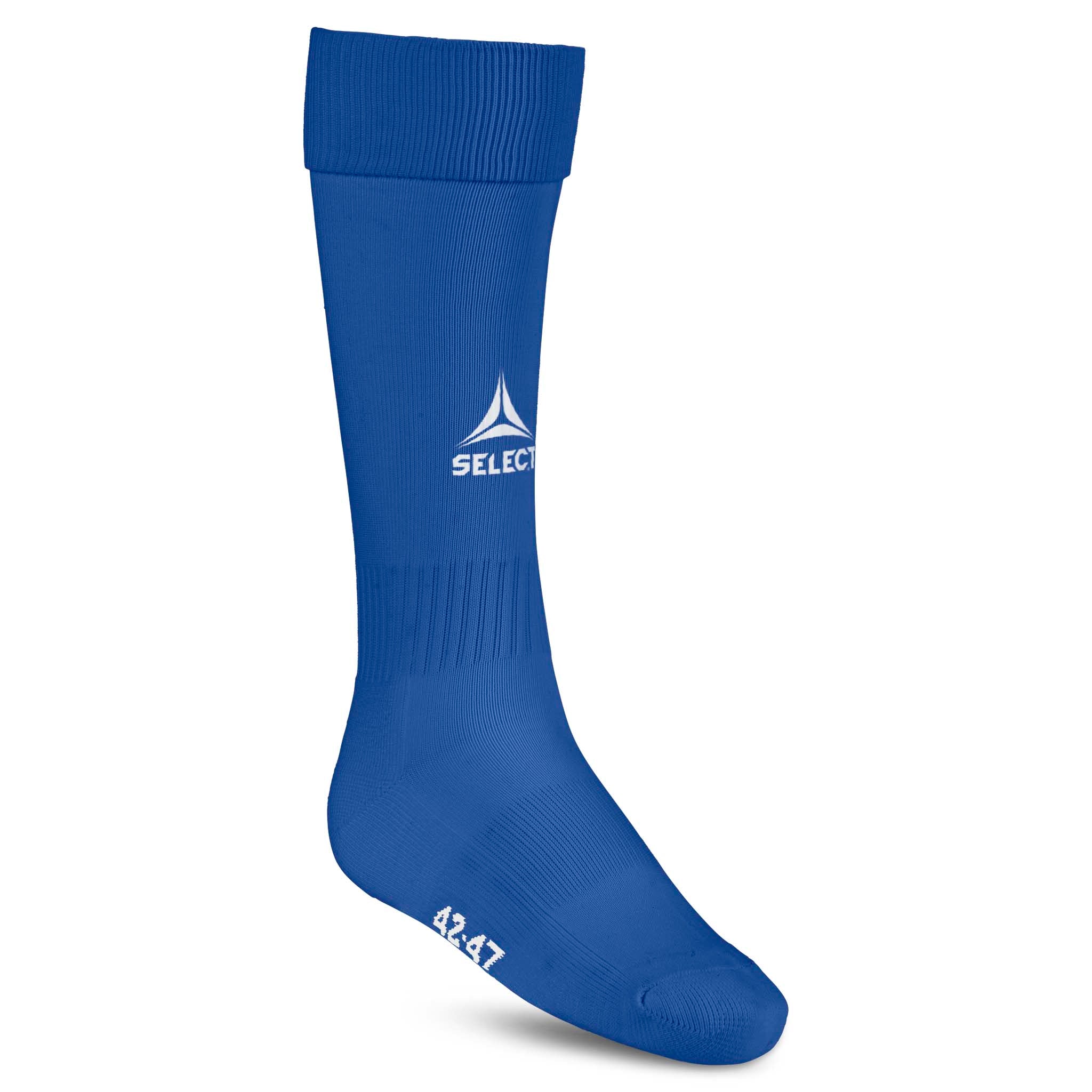 Blå Football socks Elite, tilbehør, set forfra med hvidt logo og ribkant.
