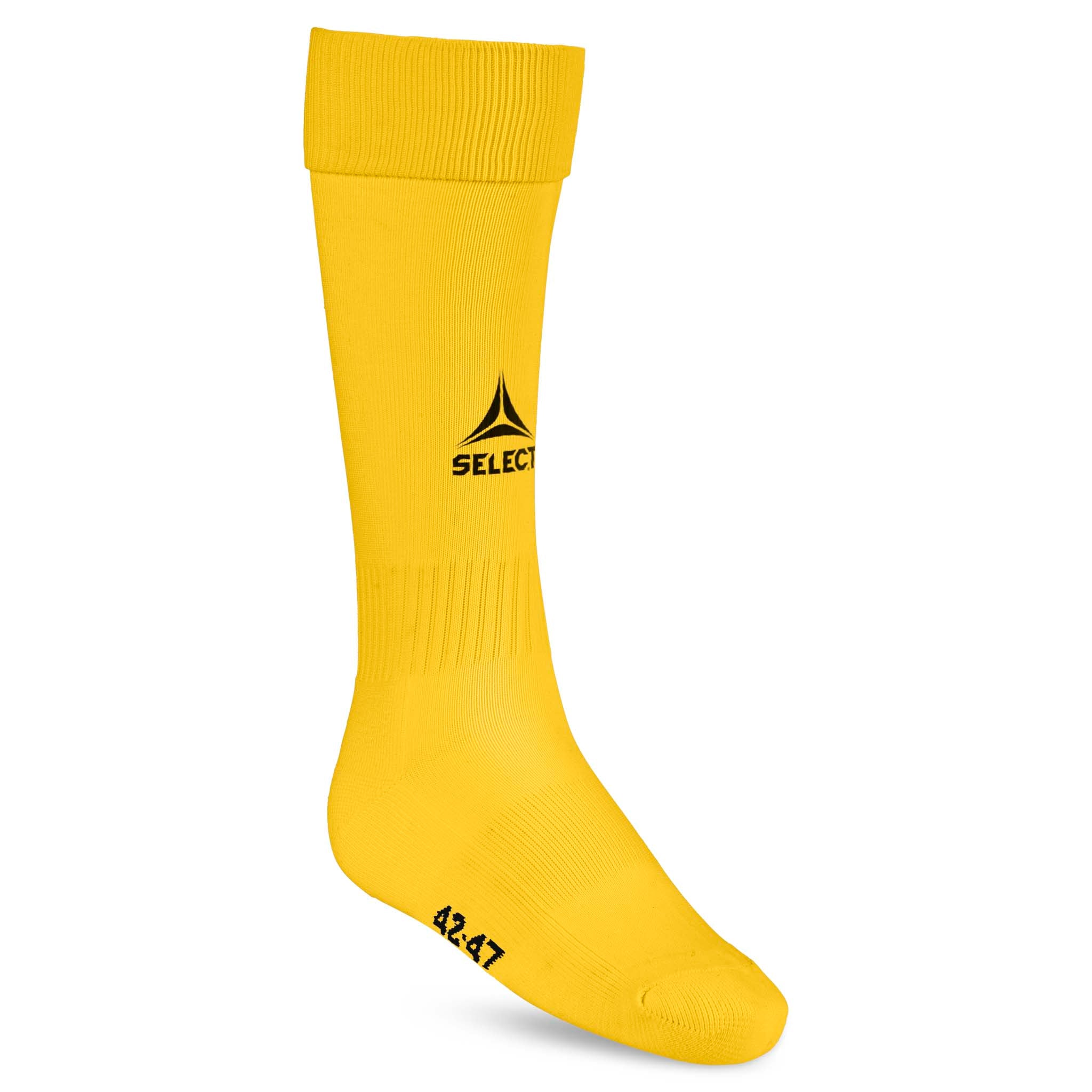 Gule Football socks Elite, tilbehør, set forfra med sort logo og størrelse 42-47.