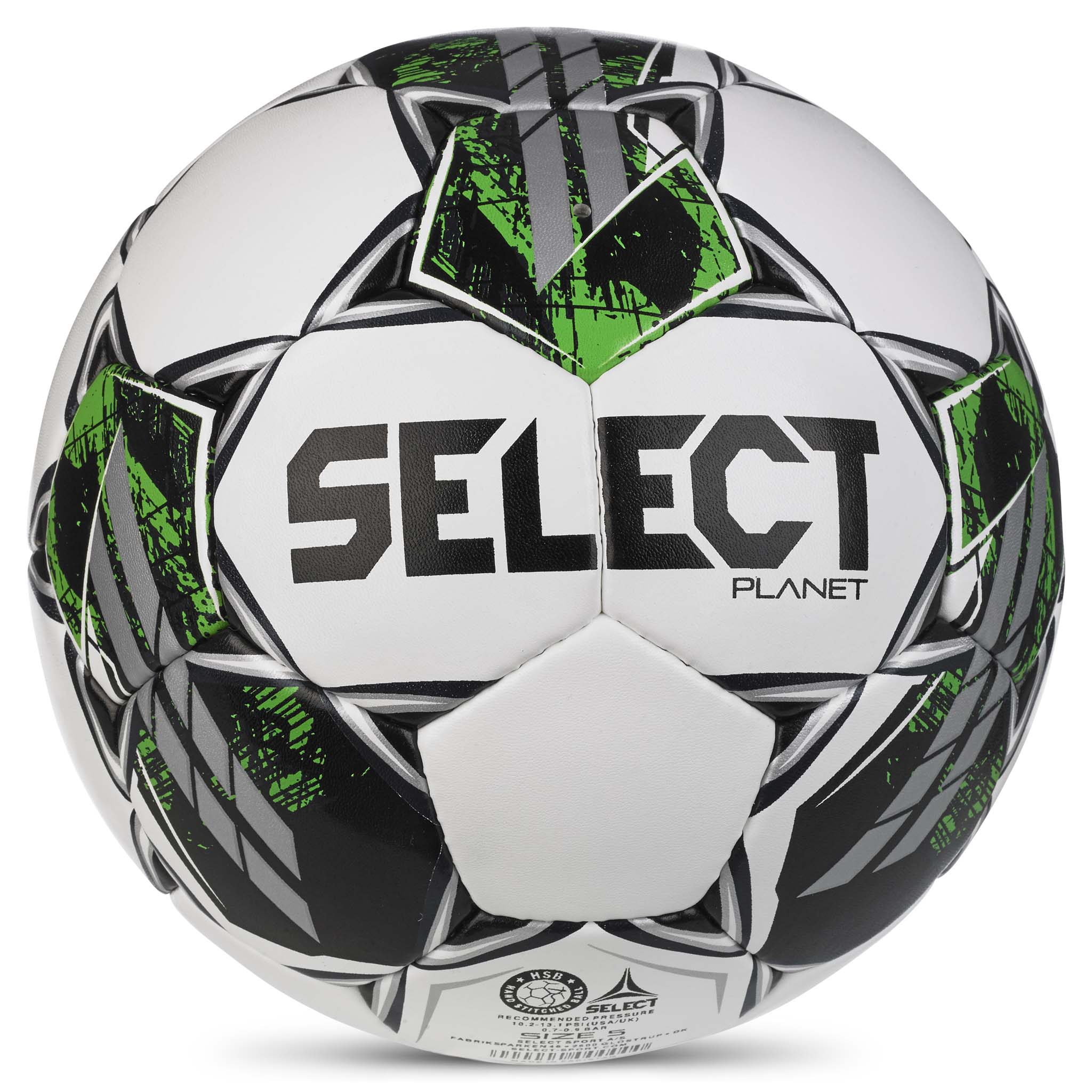 Planet v23 fodbold i hvid, grøn, sort og grå. Bagsidevisning af Select-bolden.