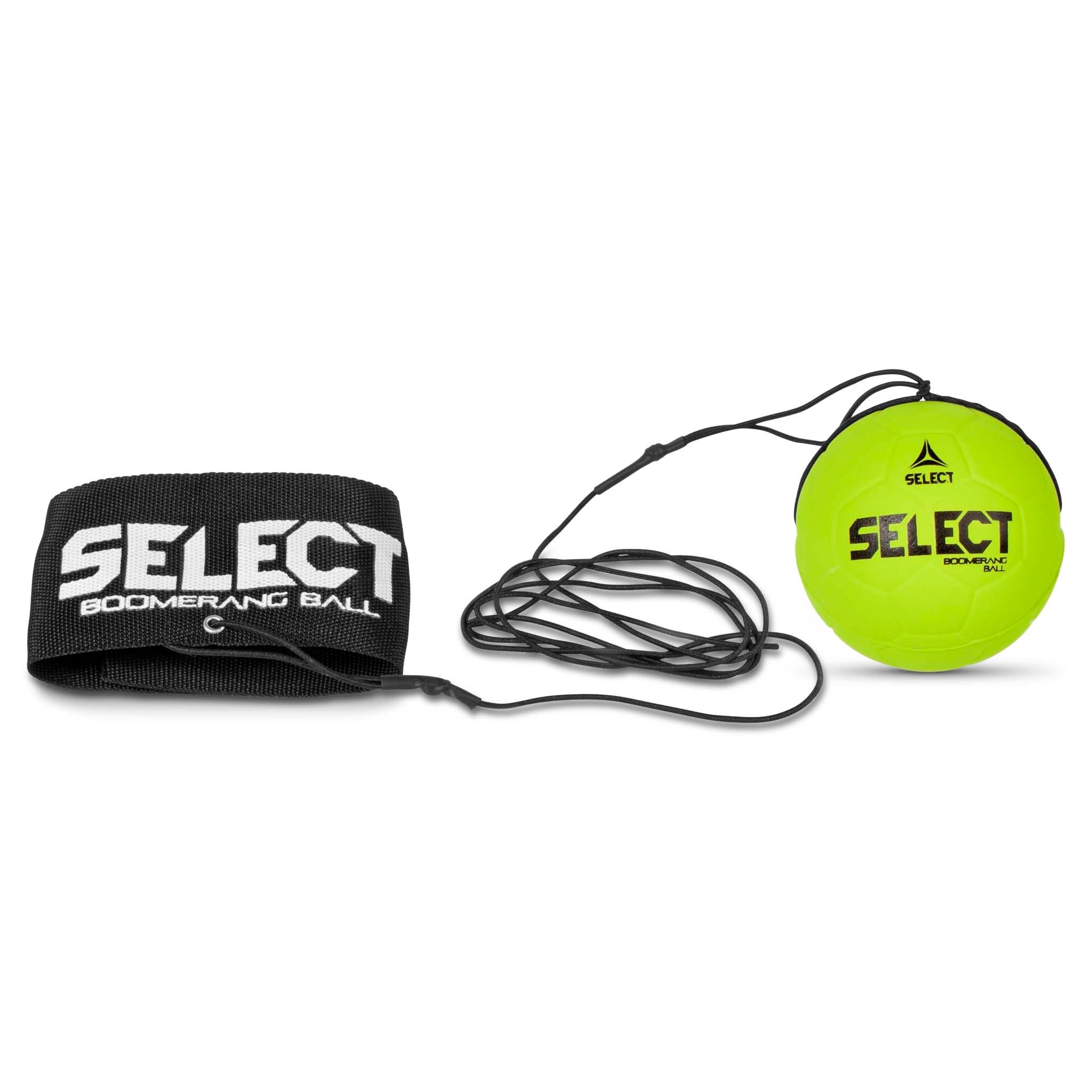 Boomerang Ball Select v23, Andre bolde. Neongul bold med snor og sort håndledsrem. Forside.