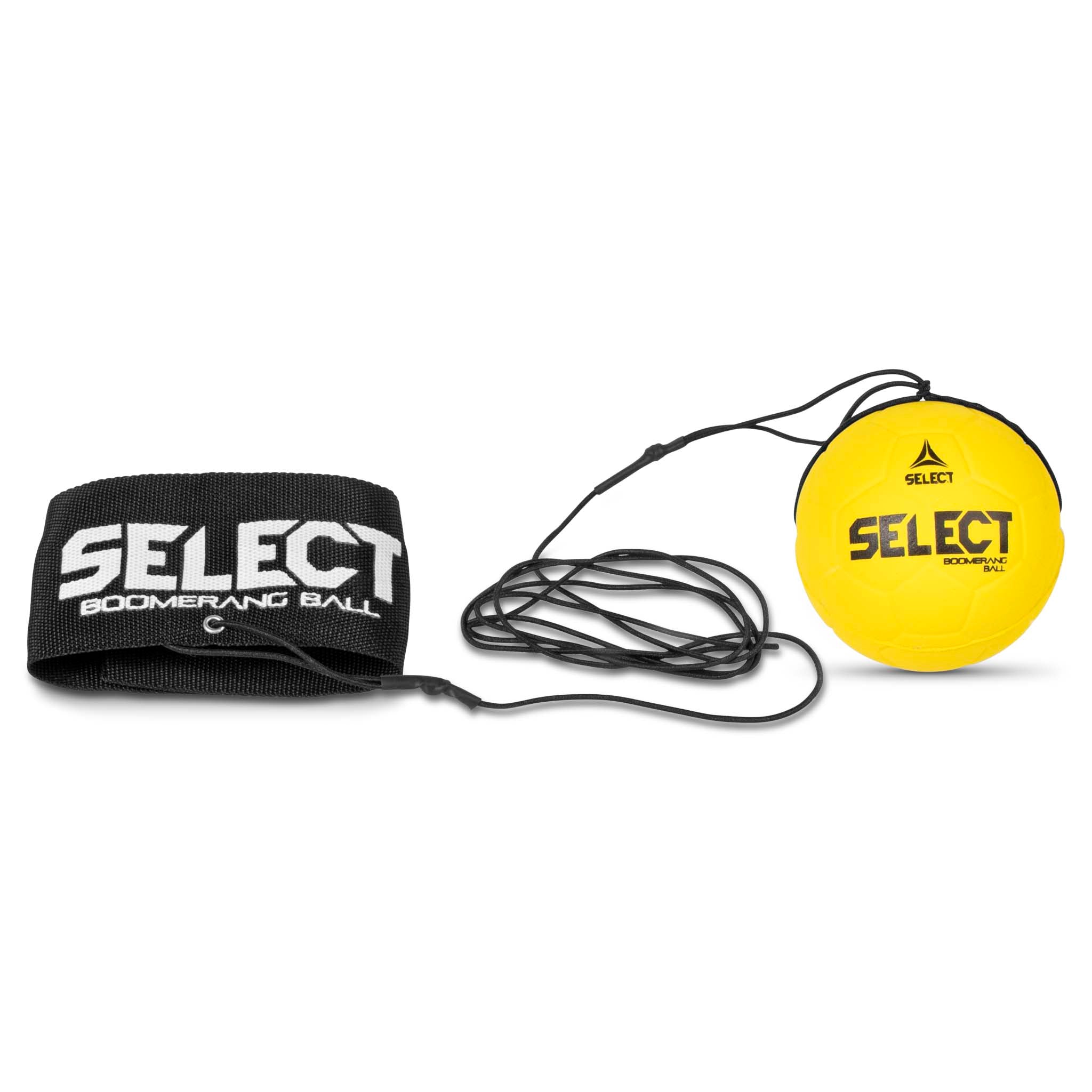 Boomerang Ball Select v23, gul bold med sort håndledsrem og snor, andre bolde, forside