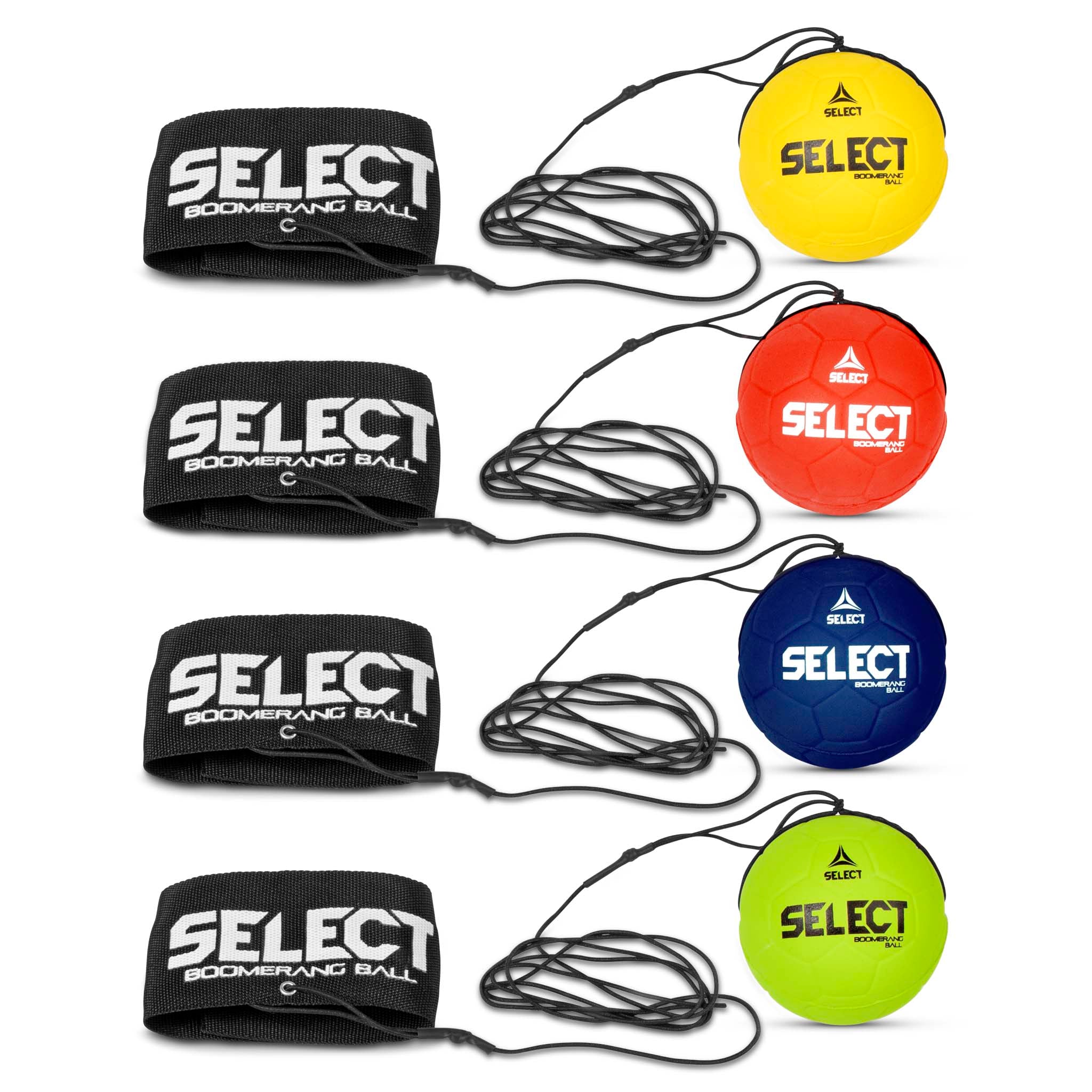 Boomerang Ball Select v23, Andre bolde, forside: gule, røde, blå og grønne bolde med elastiksnore og sorte håndledsremme.