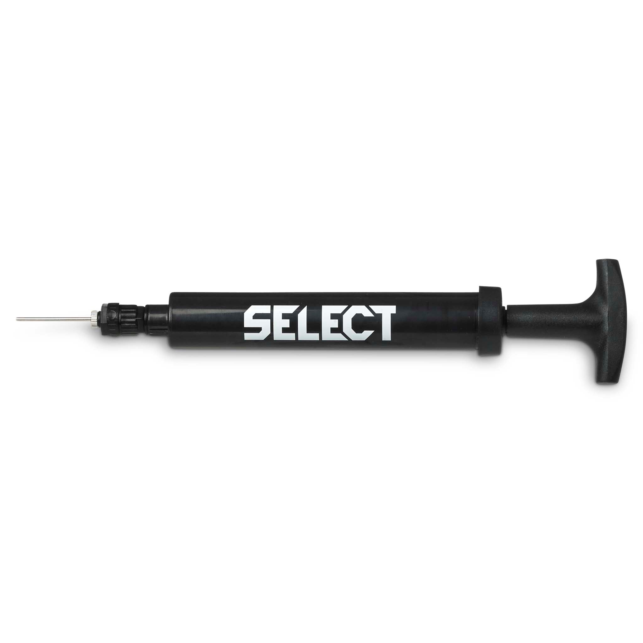 Forfra-billede af sort Ball pump 15 cm w/inbuilt hose, fodboldudstyr med hvidt Select-logo og nål.