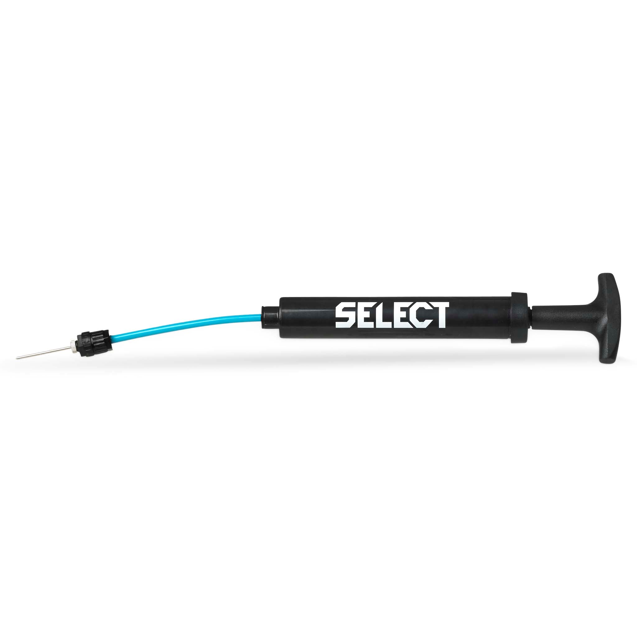Sort Select Ball pump 15 cm w/inbuilt hose med blå slange set forfra, fodbold boldudstyr.