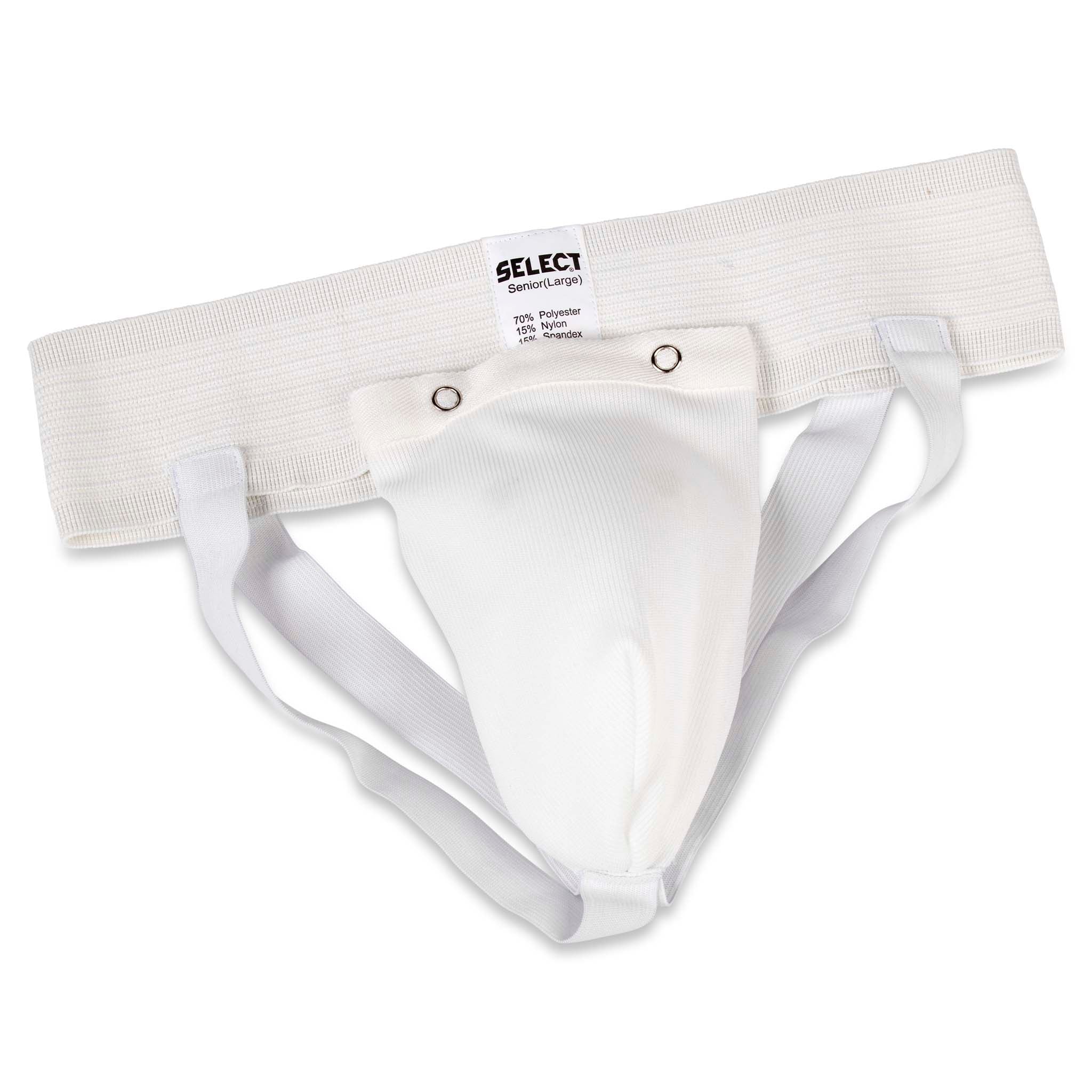 Hvid Jockstrap, andet teamgear, forsidevisning med elastisk linning og beskyttelsesskal.